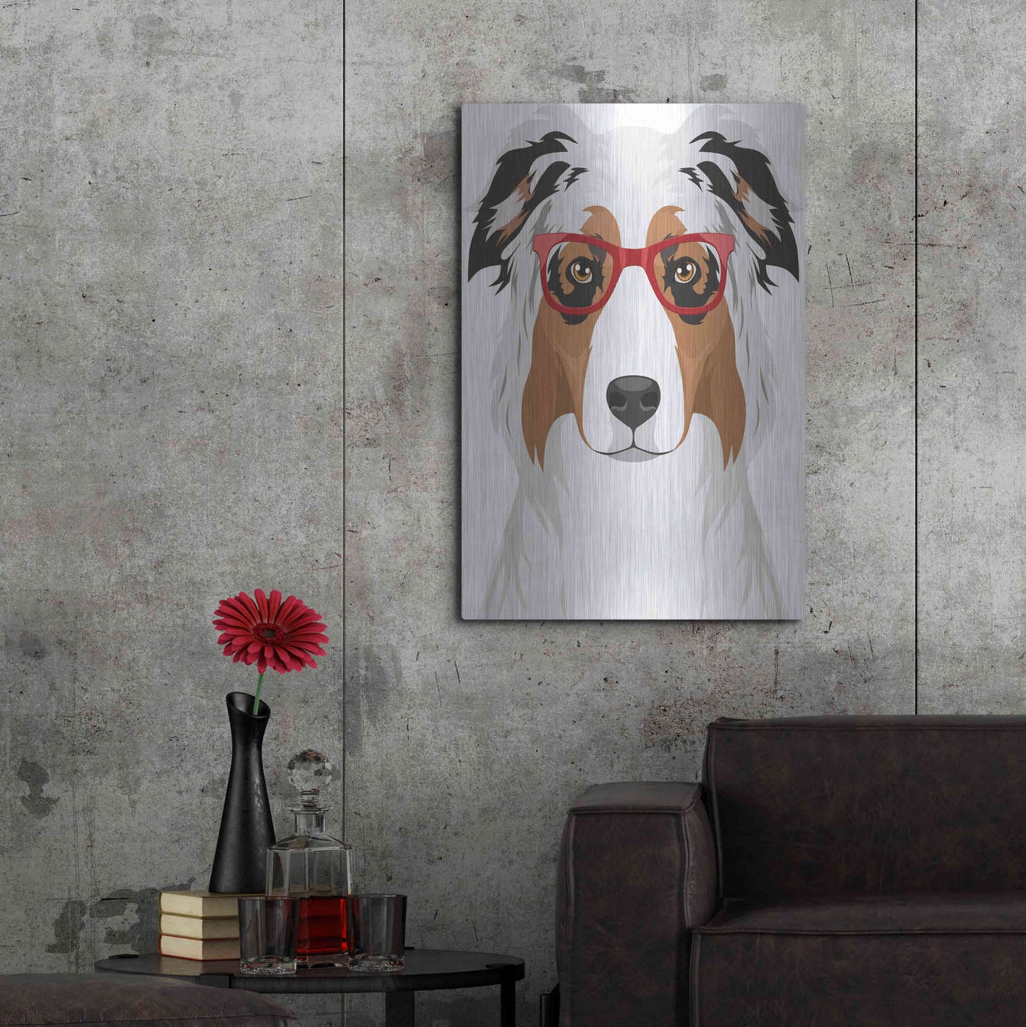 Luxe Metal Art 'Australian Shepherd Wearing Hipster Glasses' by Olga and Alexey Drozdov, Metal Wall Art,24x36