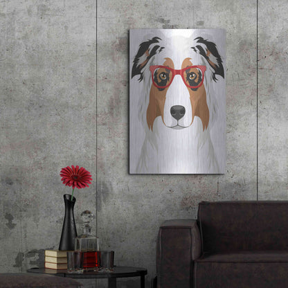 Luxe Metal Art 'Australian Shepherd Wearing Hipster Glasses' by Olga and Alexey Drozdov, Metal Wall Art,24x36