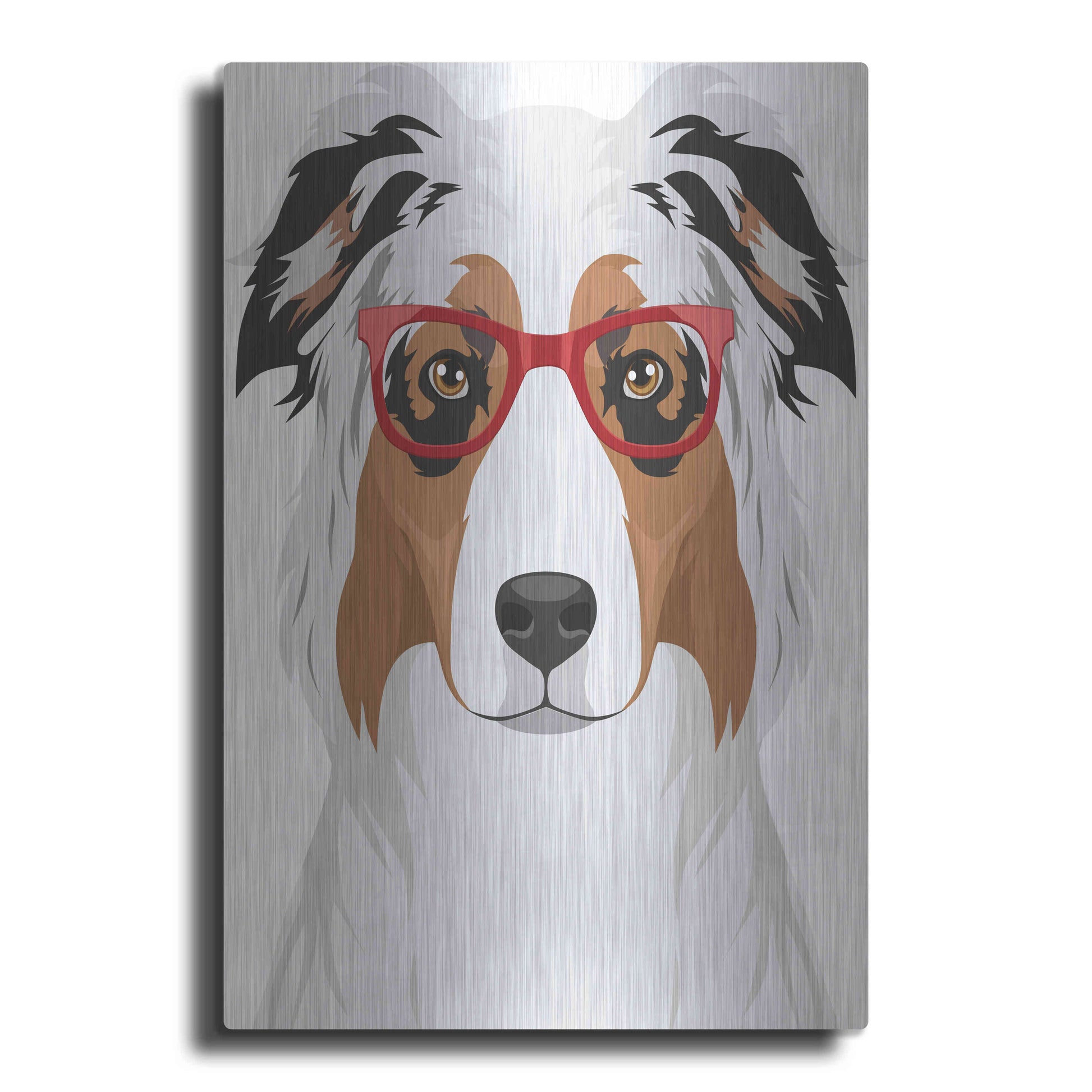 Luxe Metal Art 'Australian Shepherd Wearing Hipster Glasses' by Olga and Alexey Drozdov, Metal Wall Art