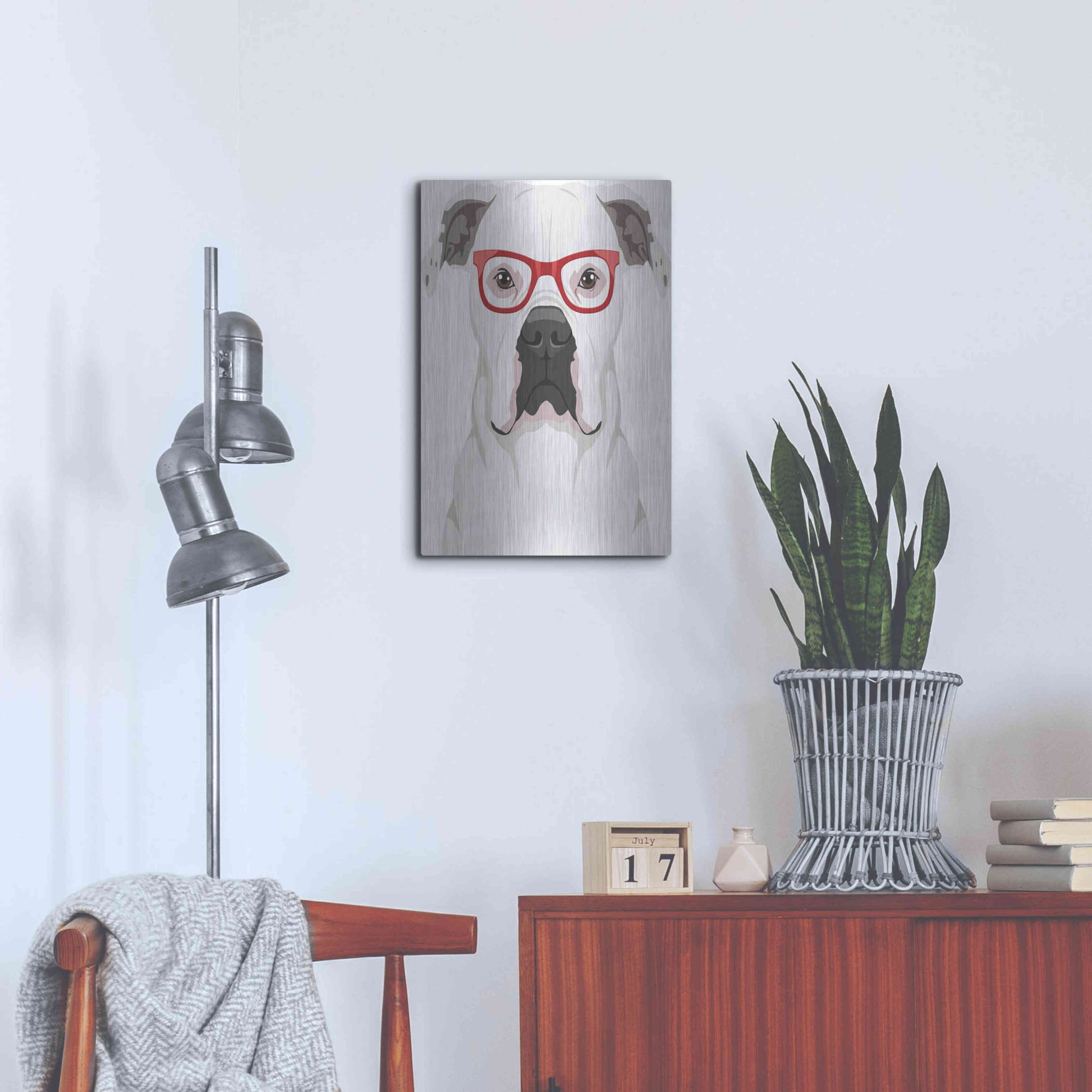 Luxe Metal Art 'American Bulldog Wearing Hipster Glasses' by Olga and Alexey Drozdov, Metal Wall Art,16x24