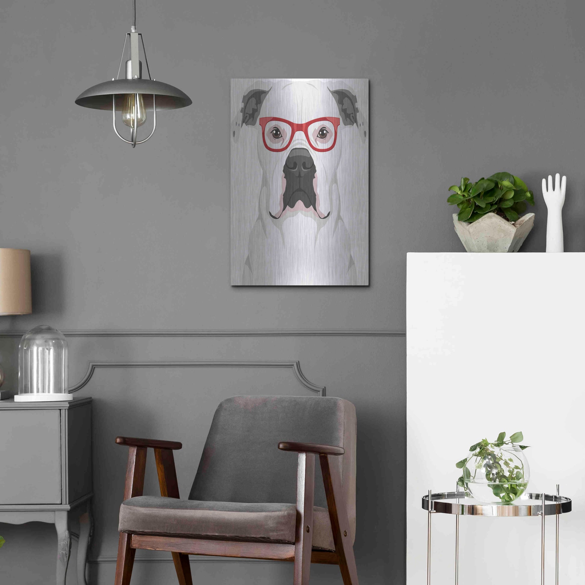 Luxe Metal Art 'American Bulldog Wearing Hipster Glasses' by Olga and Alexey Drozdov, Metal Wall Art,16x24