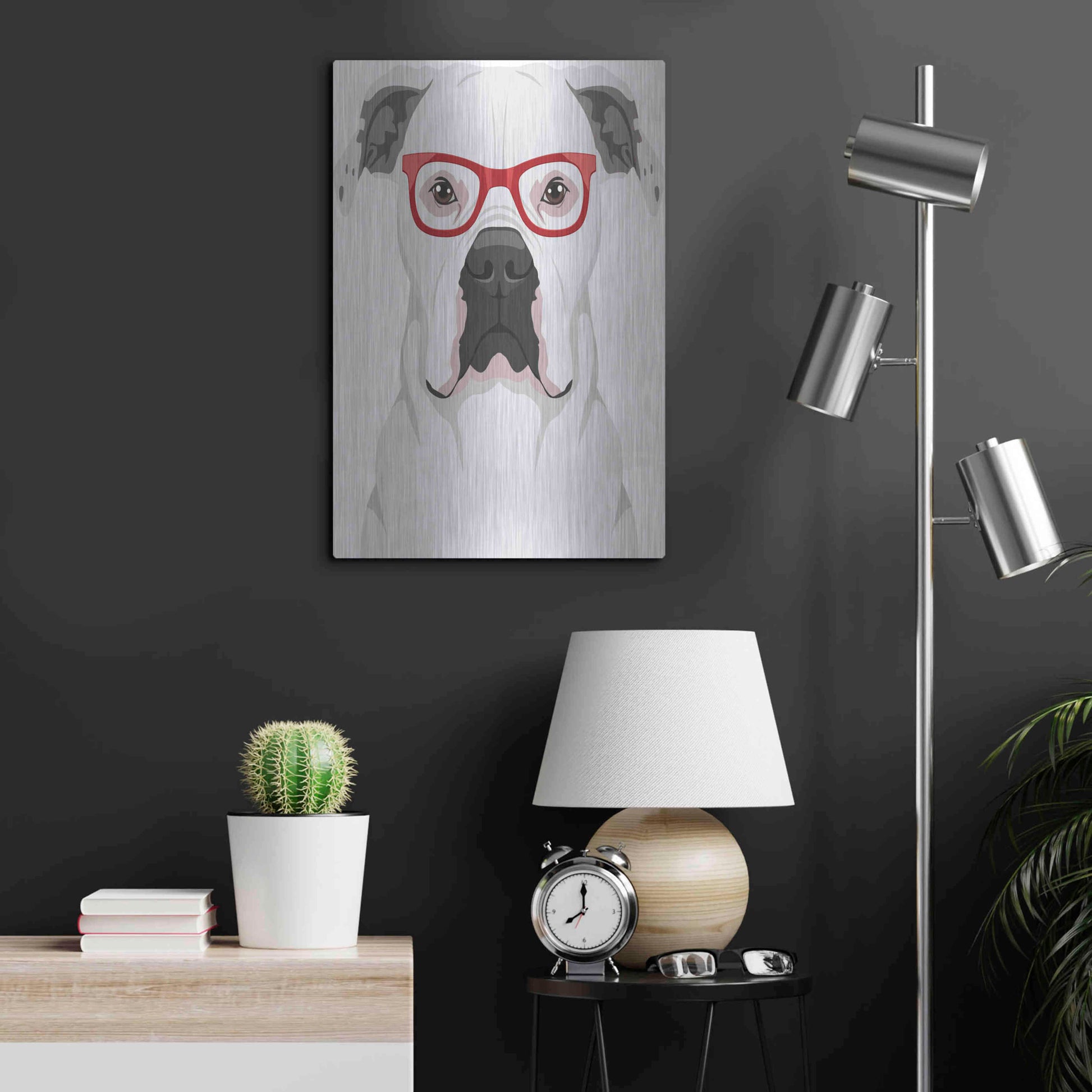 Luxe Metal Art 'American Bulldog Wearing Hipster Glasses' by Olga and Alexey Drozdov, Metal Wall Art,16x24