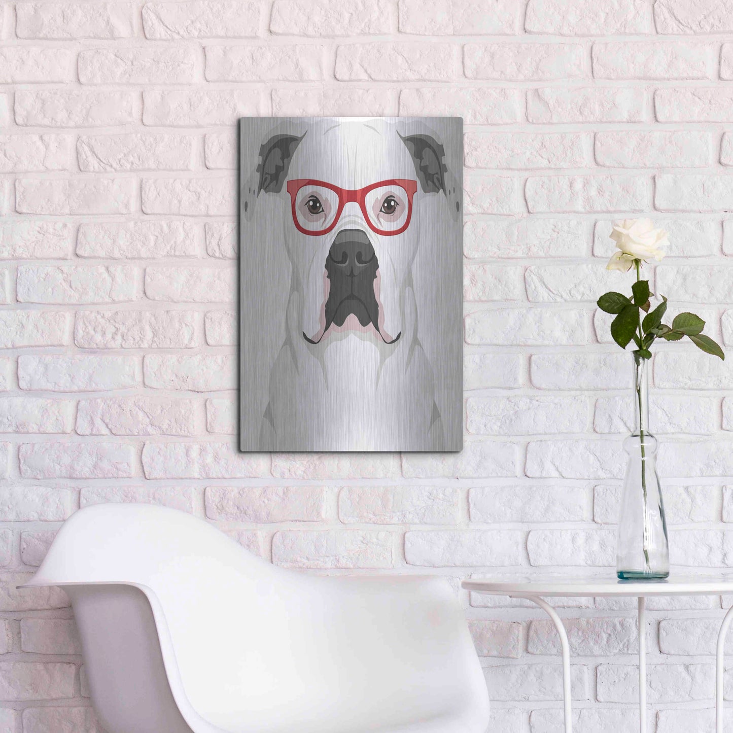 Luxe Metal Art 'American Bulldog Wearing Hipster Glasses' by Olga and Alexey Drozdov, Metal Wall Art,16x24