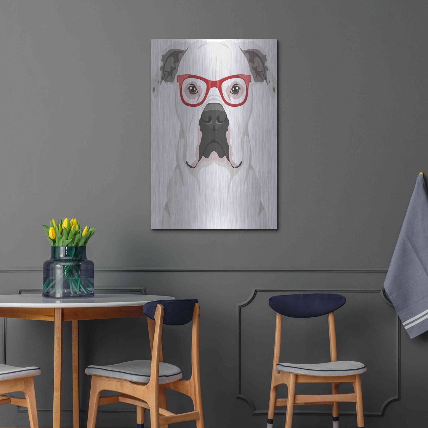 Luxe Metal Art 'American Bulldog Wearing Hipster Glasses' by Olga and Alexey Drozdov, Metal Wall Art,24x36