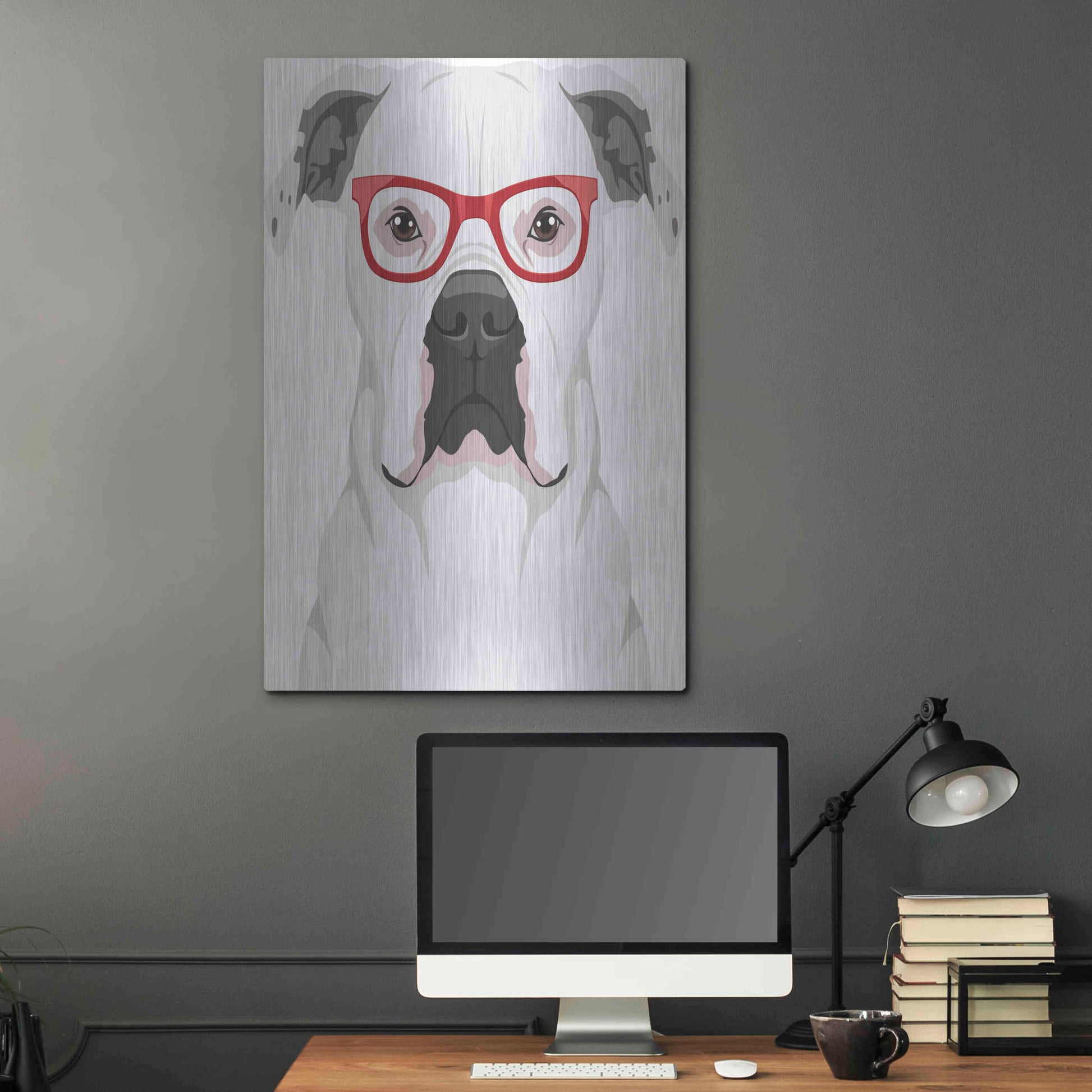 Luxe Metal Art 'American Bulldog Wearing Hipster Glasses' by Olga and Alexey Drozdov, Metal Wall Art,24x36