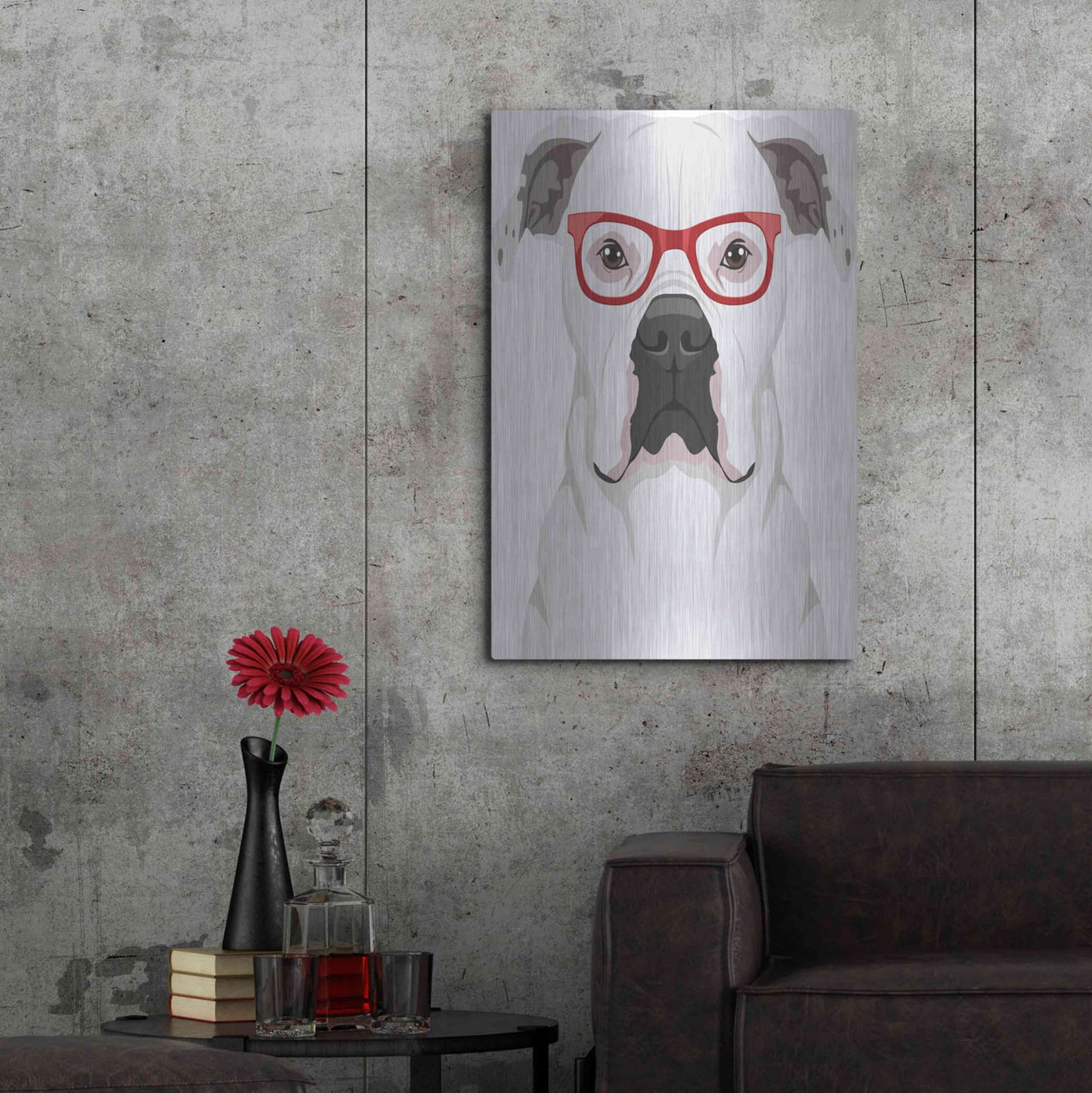 Luxe Metal Art 'American Bulldog Wearing Hipster Glasses' by Olga and Alexey Drozdov, Metal Wall Art,24x36