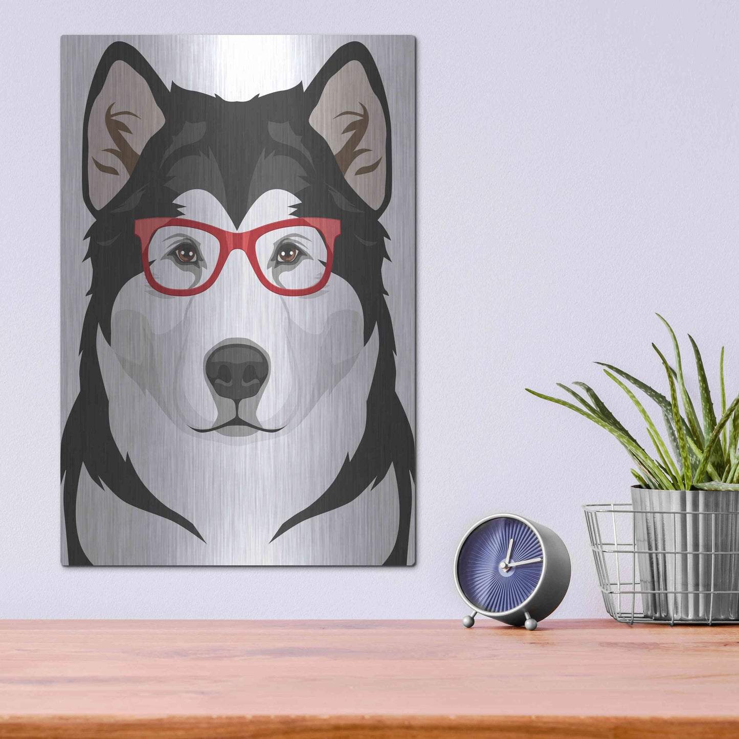 Luxe Metal Art 'Alaskan Malamute Wearing Hipster Glasses' by Olga and Alexey Drozdov, Metal Wall Art,12x16