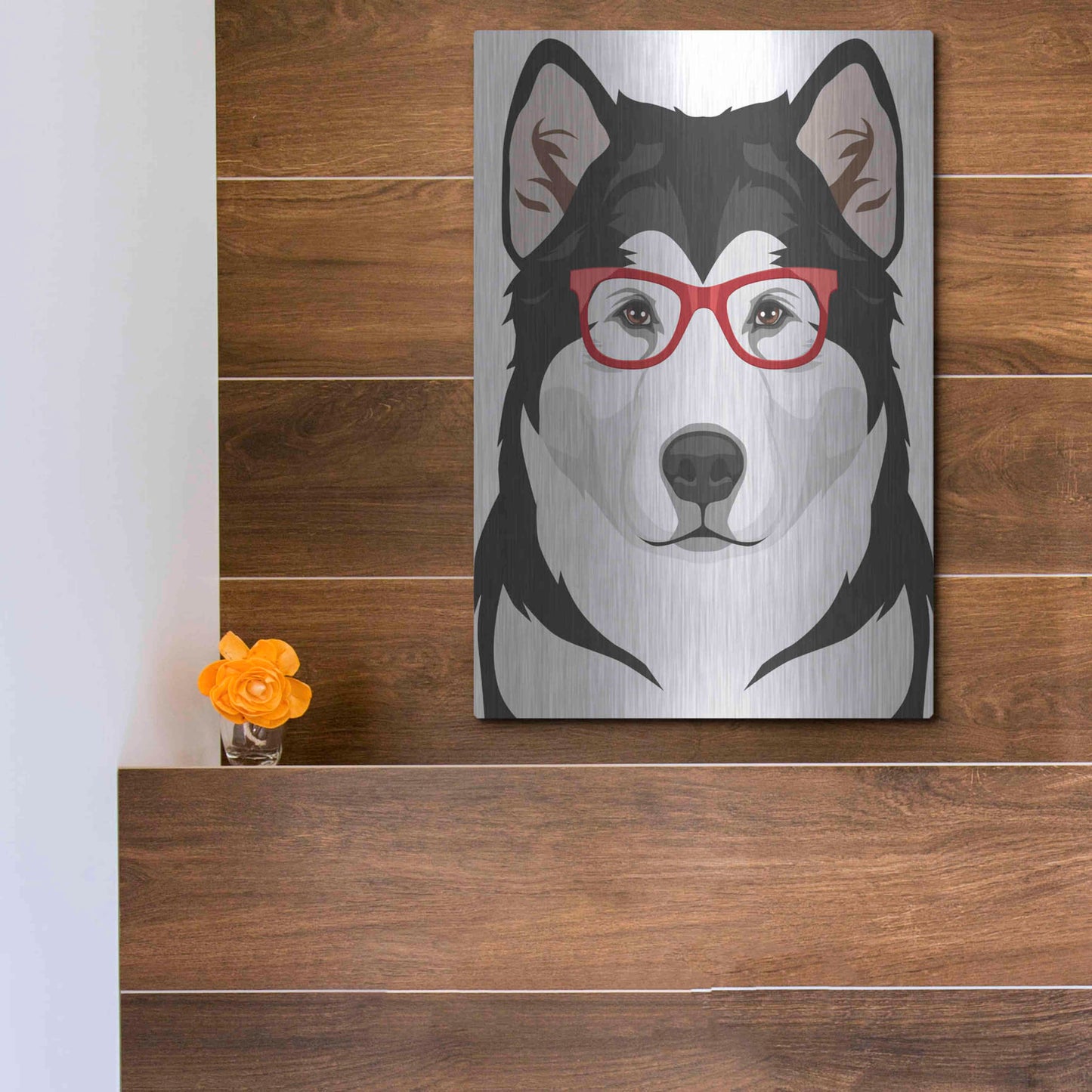 Luxe Metal Art 'Alaskan Malamute Wearing Hipster Glasses' by Olga and Alexey Drozdov, Metal Wall Art,12x16