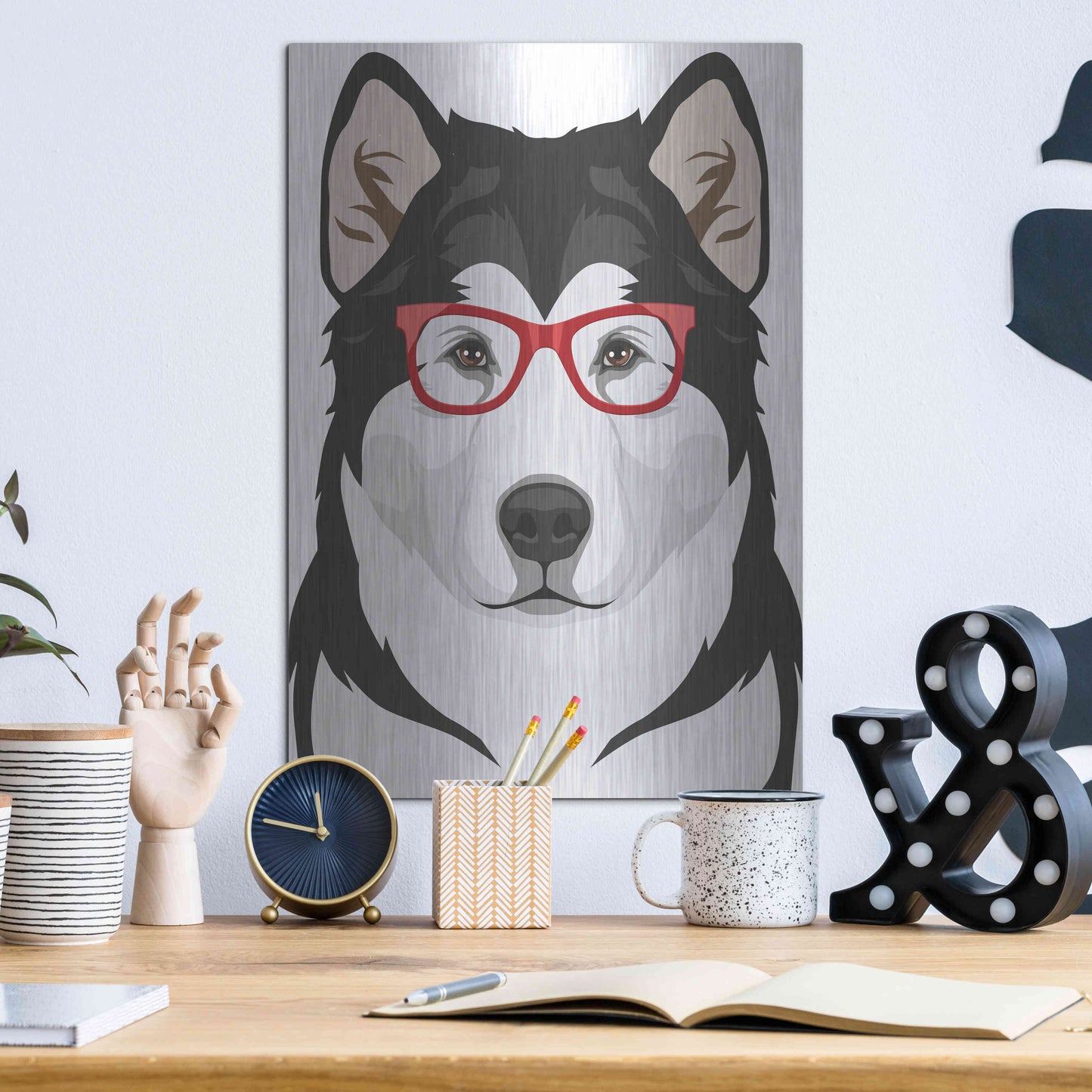 Luxe Metal Art 'Alaskan Malamute Wearing Hipster Glasses' by Olga and Alexey Drozdov, Metal Wall Art,12x16