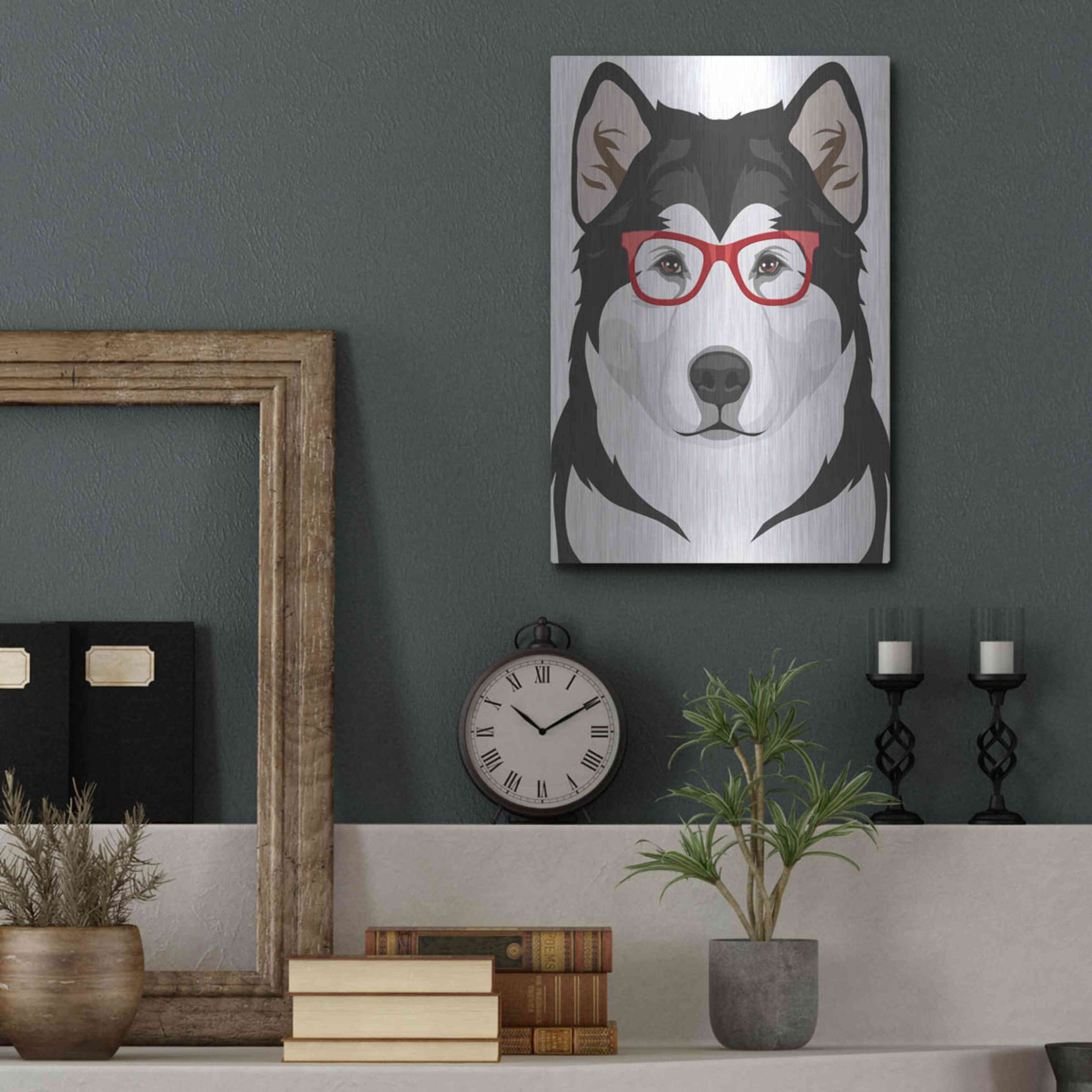 Luxe Metal Art 'Alaskan Malamute Wearing Hipster Glasses' by Olga and Alexey Drozdov, Metal Wall Art,12x16