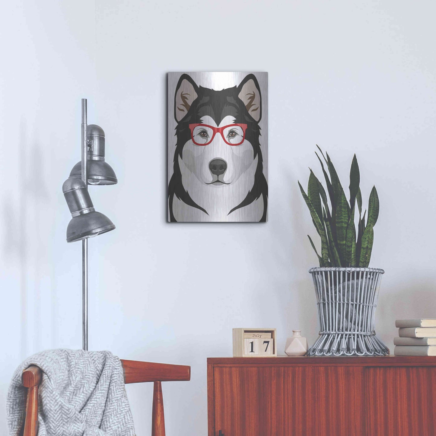 Luxe Metal Art 'Alaskan Malamute Wearing Hipster Glasses' by Olga and Alexey Drozdov, Metal Wall Art,16x24