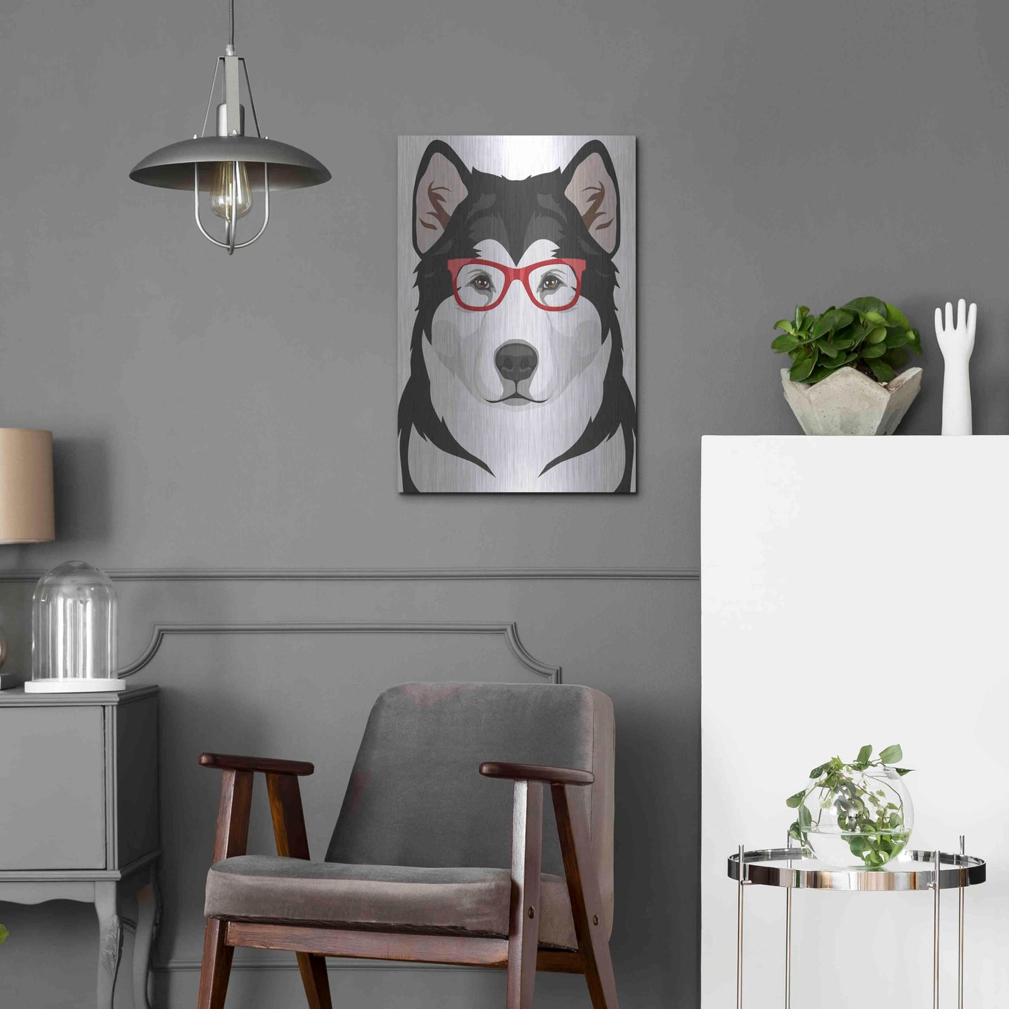 Luxe Metal Art 'Alaskan Malamute Wearing Hipster Glasses' by Olga and Alexey Drozdov, Metal Wall Art,16x24