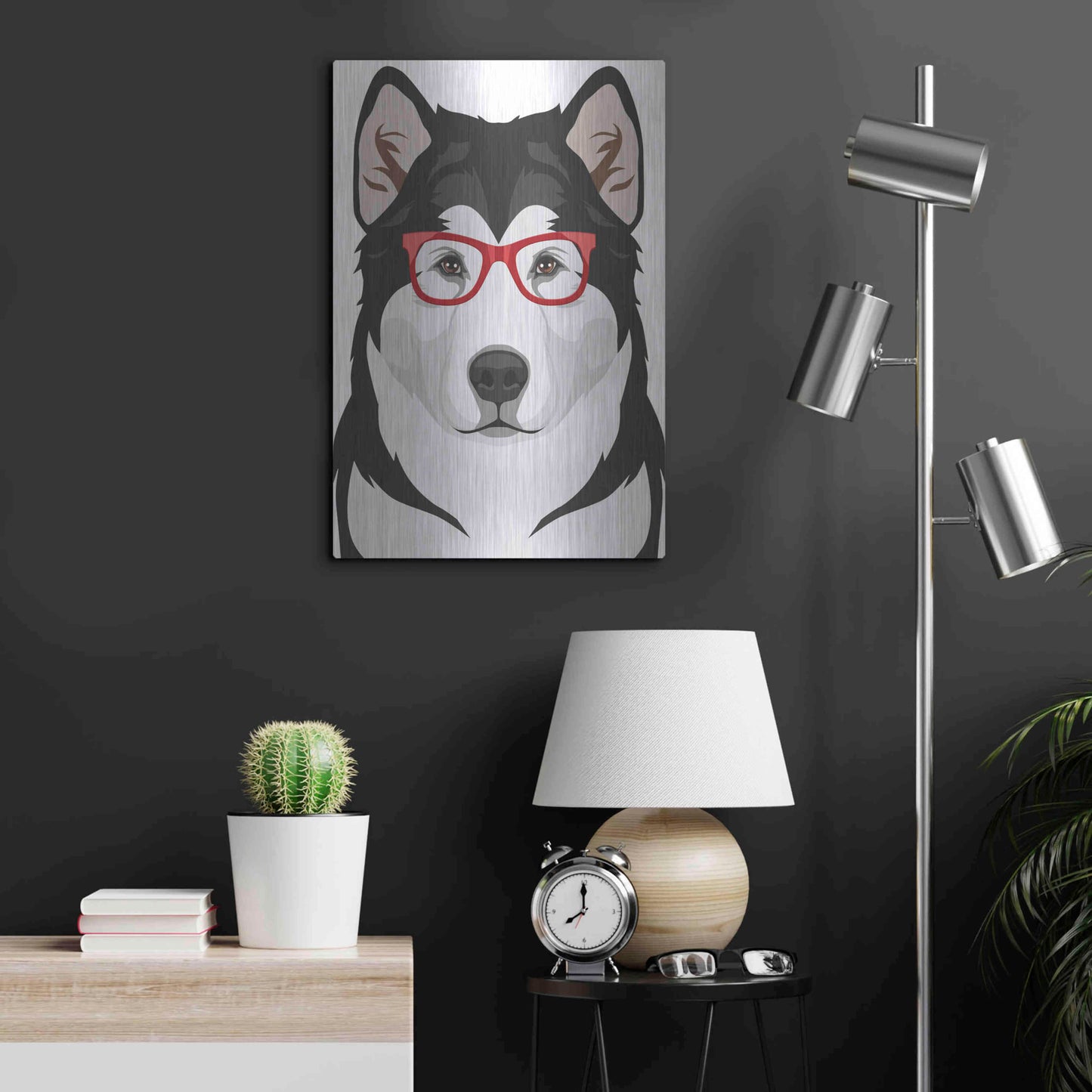 Luxe Metal Art 'Alaskan Malamute Wearing Hipster Glasses' by Olga and Alexey Drozdov, Metal Wall Art,16x24