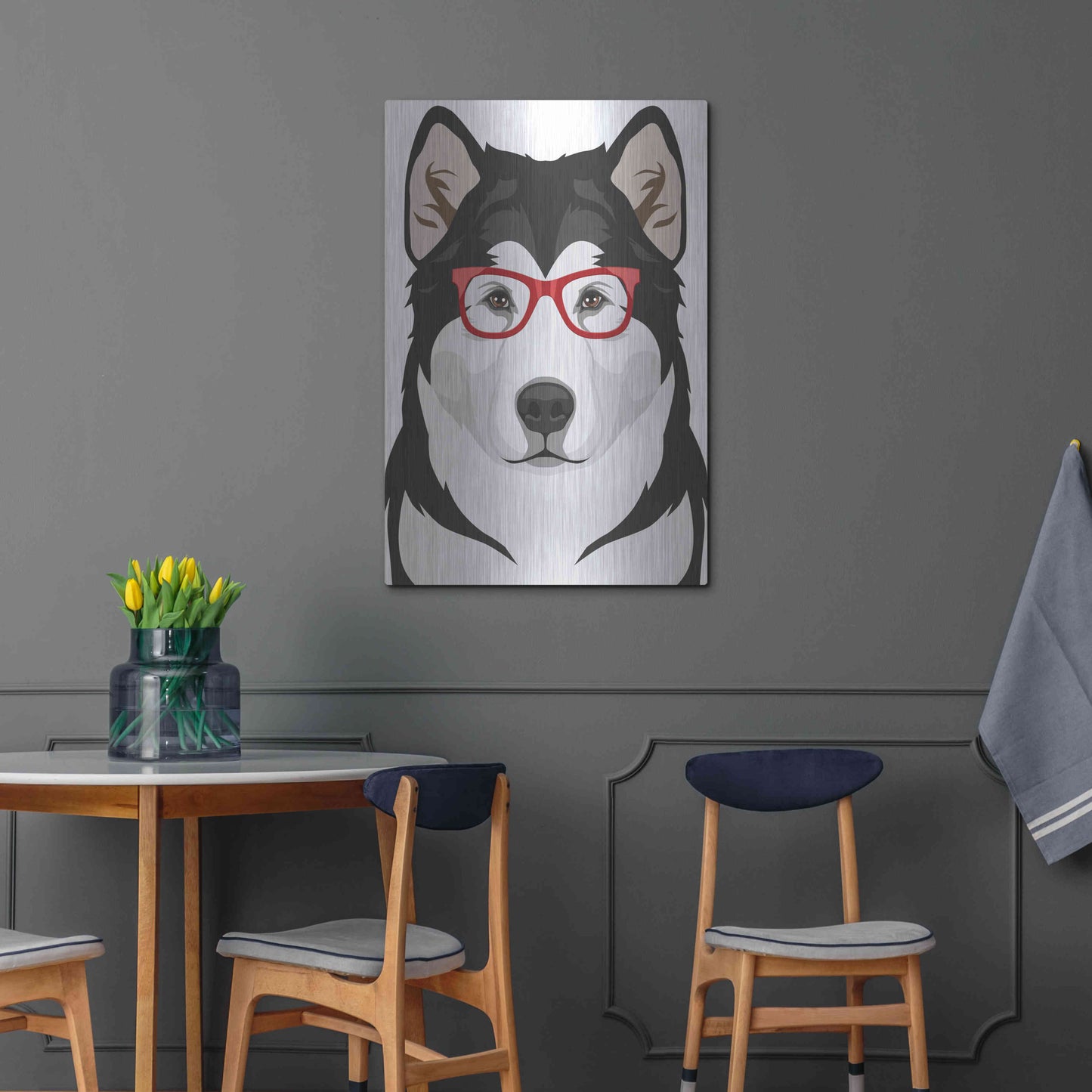 Luxe Metal Art 'Alaskan Malamute Wearing Hipster Glasses' by Olga and Alexey Drozdov, Metal Wall Art,24x36