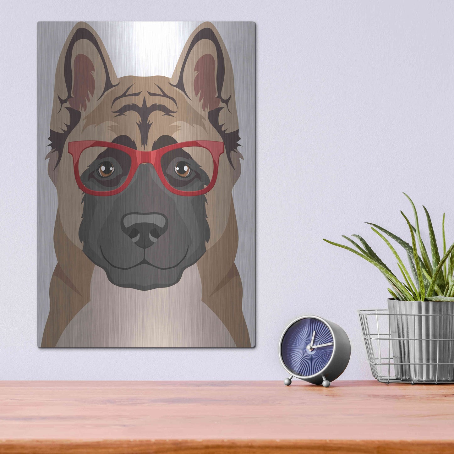 Luxe Metal Art 'Akita Wearing Hipster Glasses' by Olga and Alexey Drozdov, Metal Wall Art,12x16