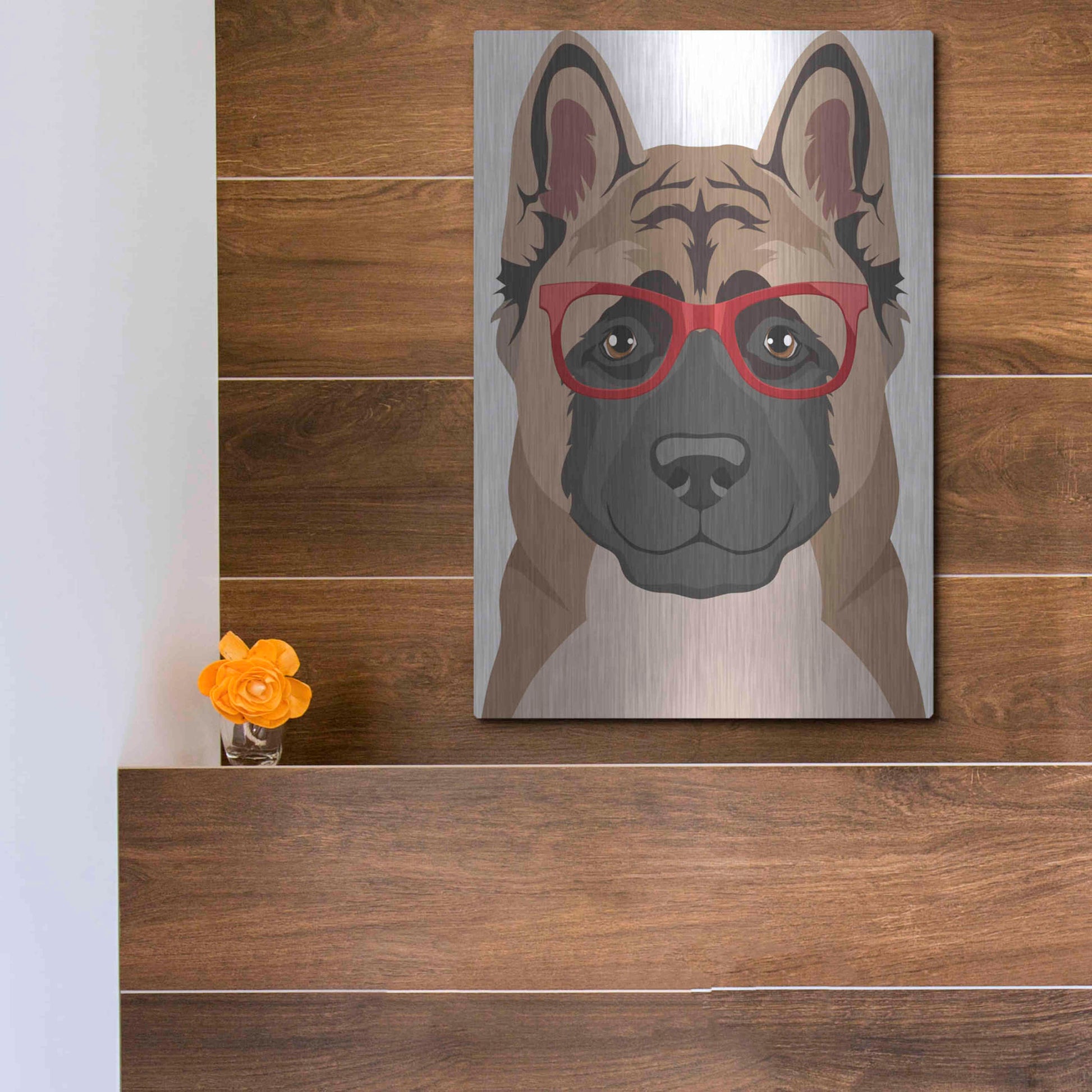 Luxe Metal Art 'Akita Wearing Hipster Glasses' by Olga and Alexey Drozdov, Metal Wall Art,12x16