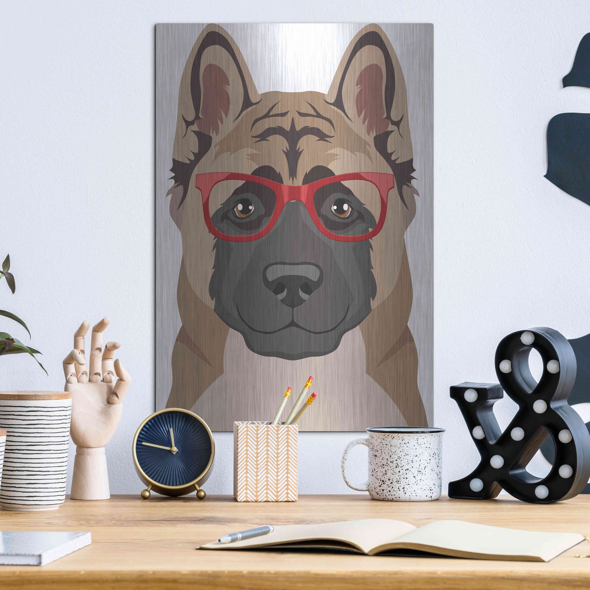 Luxe Metal Art 'Akita Wearing Hipster Glasses' by Olga and Alexey Drozdov, Metal Wall Art,12x16