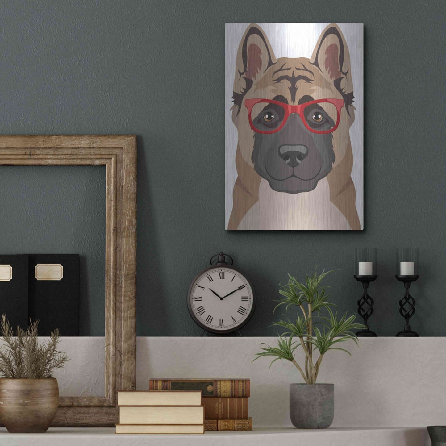 Luxe Metal Art 'Akita Wearing Hipster Glasses' by Olga and Alexey Drozdov, Metal Wall Art,12x16