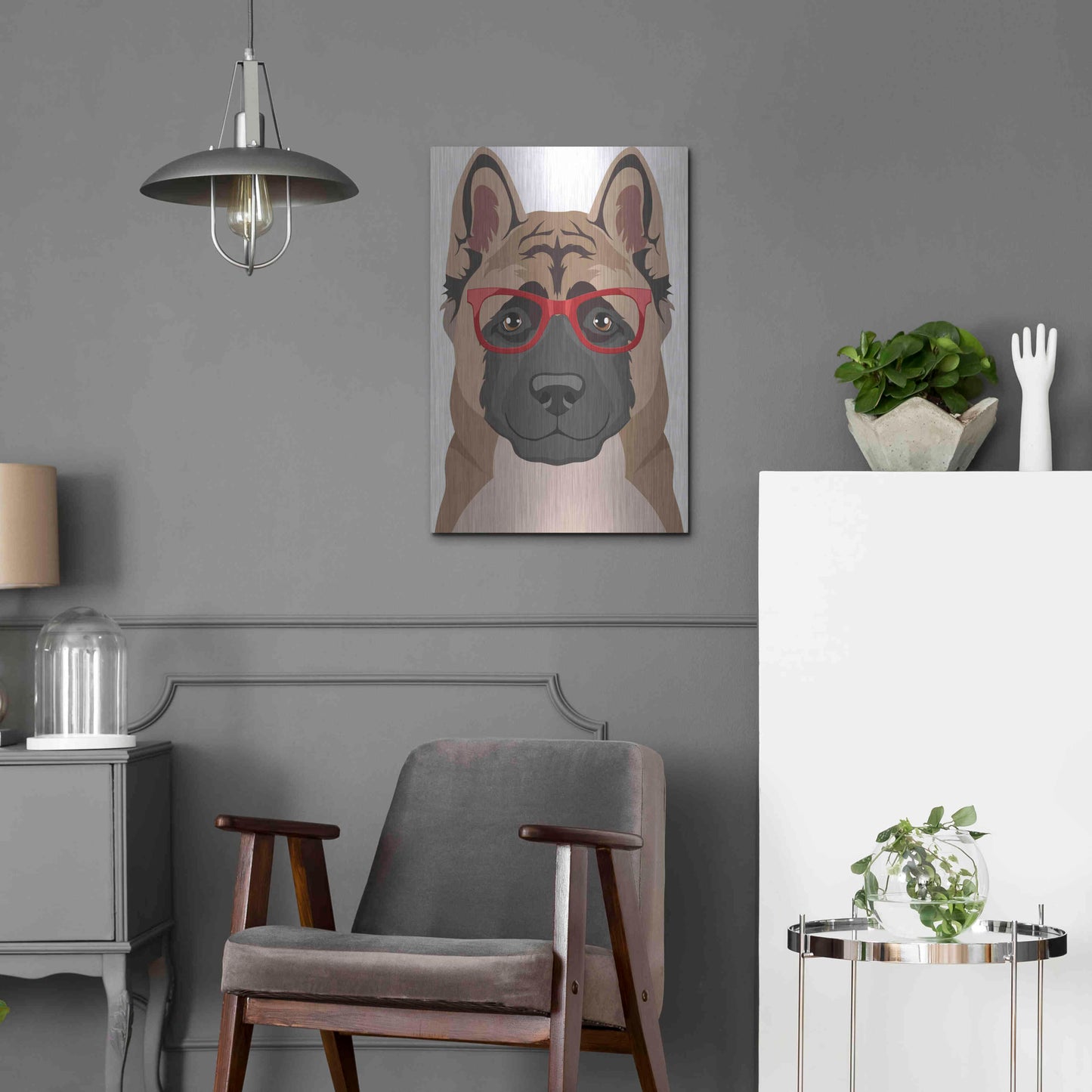 Luxe Metal Art 'Akita Wearing Hipster Glasses' by Olga and Alexey Drozdov, Metal Wall Art,16x24