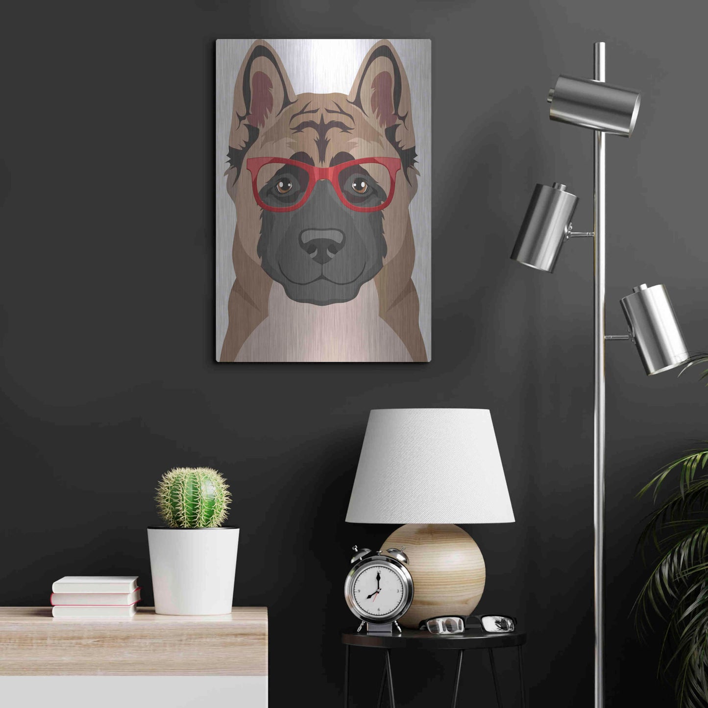 Luxe Metal Art 'Akita Wearing Hipster Glasses' by Olga and Alexey Drozdov, Metal Wall Art,16x24
