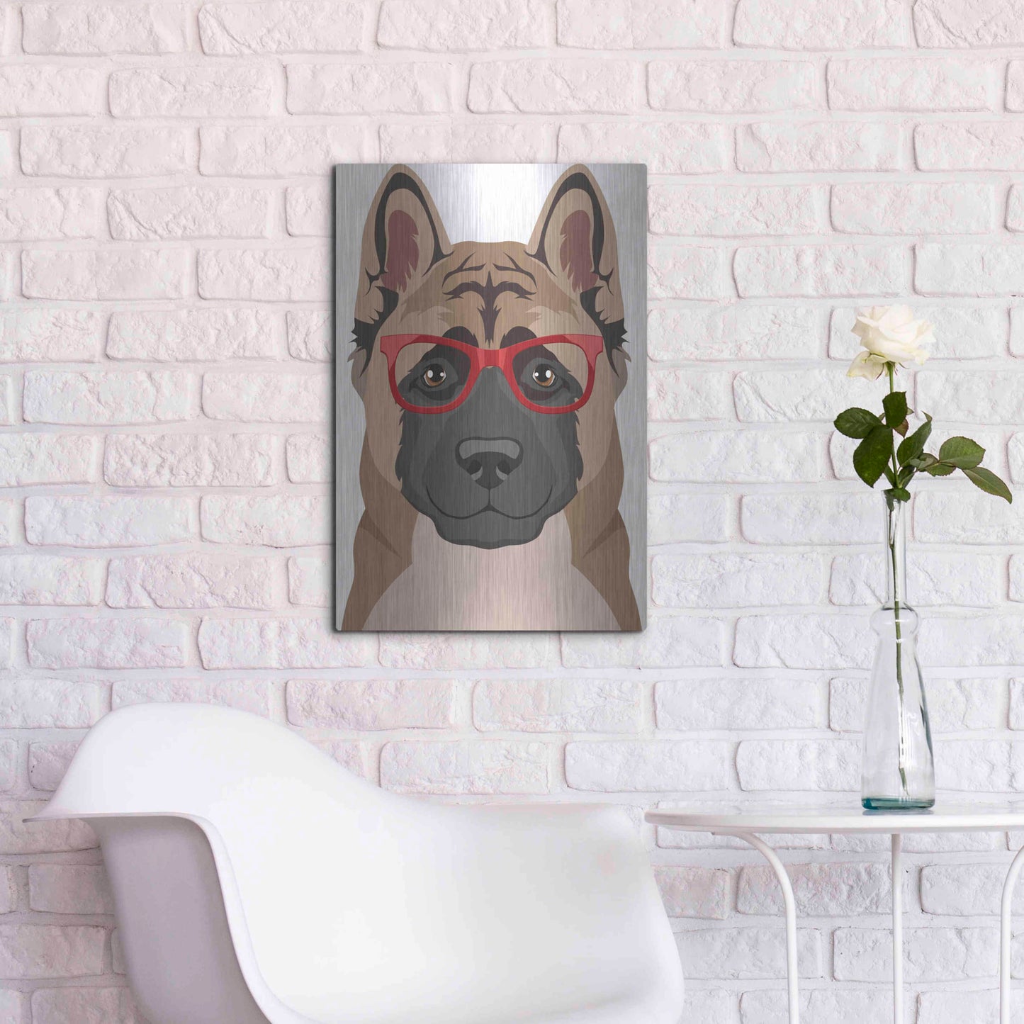Luxe Metal Art 'Akita Wearing Hipster Glasses' by Olga and Alexey Drozdov, Metal Wall Art,16x24