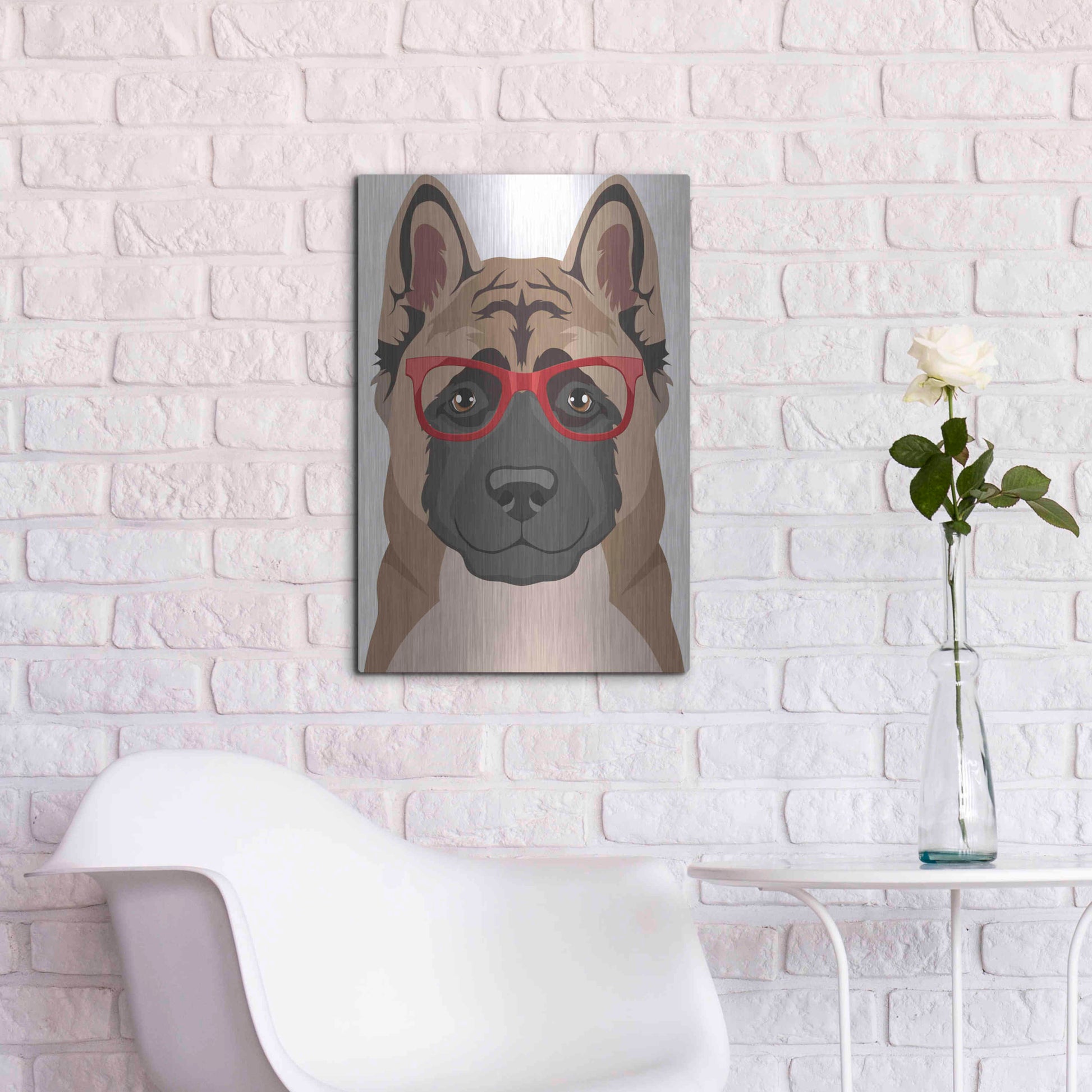 Luxe Metal Art 'Akita Wearing Hipster Glasses' by Olga and Alexey Drozdov, Metal Wall Art,16x24