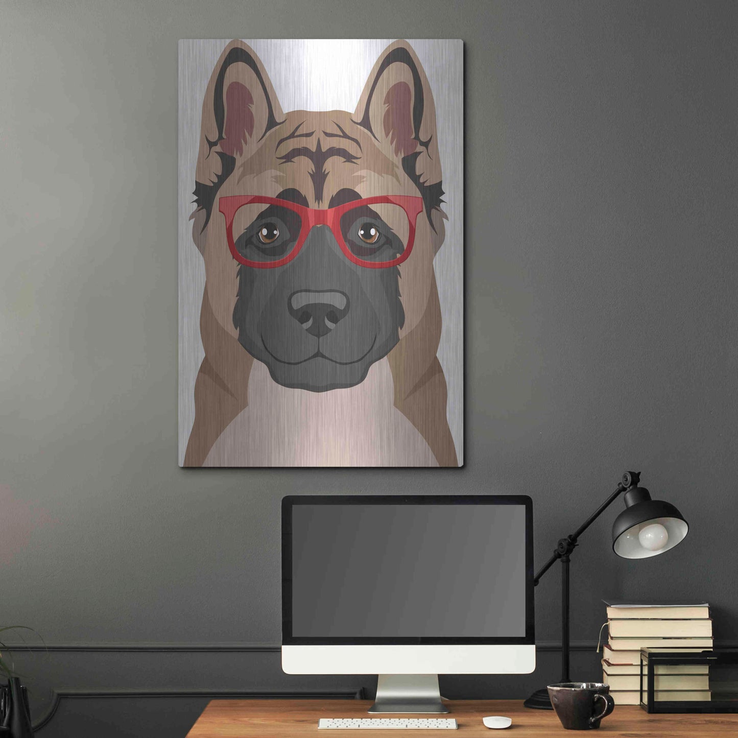Luxe Metal Art 'Akita Wearing Hipster Glasses' by Olga and Alexey Drozdov, Metal Wall Art,24x36