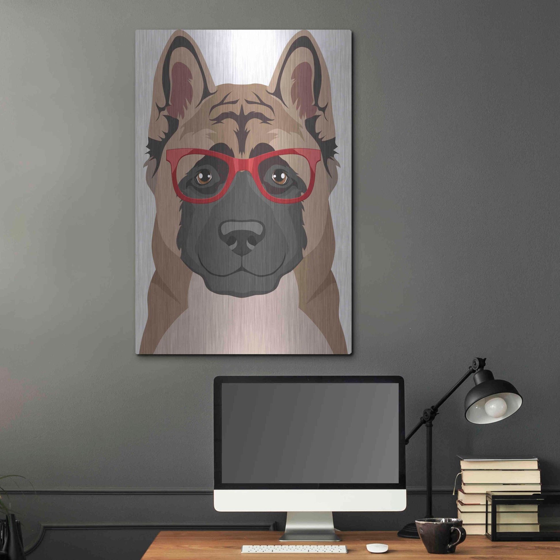 Luxe Metal Art 'Akita Wearing Hipster Glasses' by Olga and Alexey Drozdov, Metal Wall Art,24x36