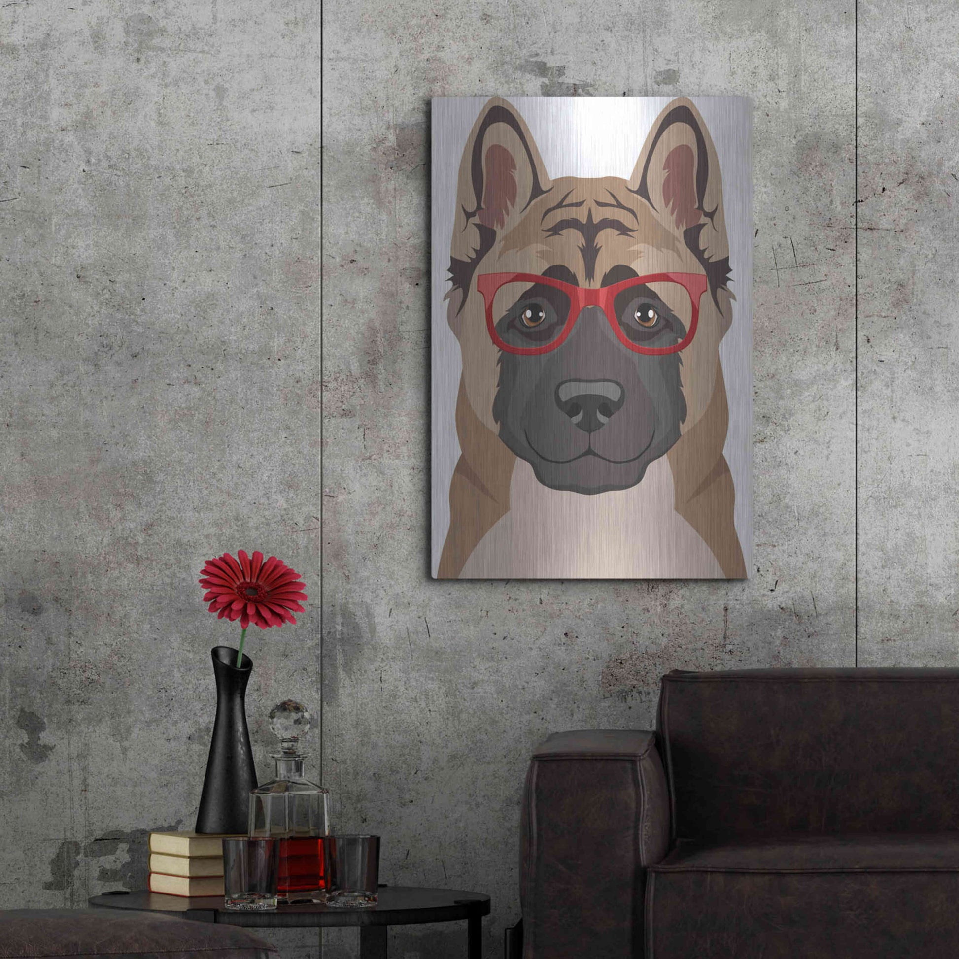 Luxe Metal Art 'Akita Wearing Hipster Glasses' by Olga and Alexey Drozdov, Metal Wall Art,24x36