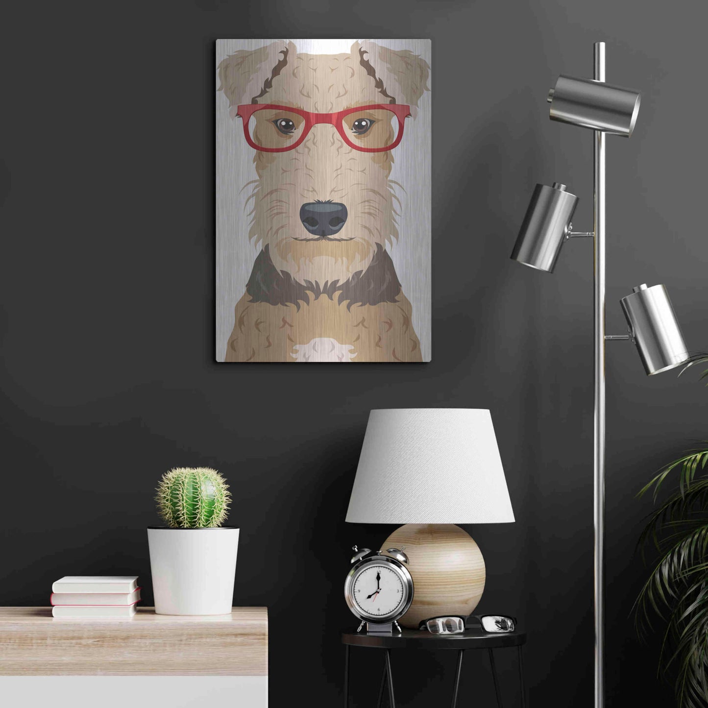 Luxe Metal Art 'Airedale Terrier Wearing Hipster Glasses' by Olga and Alexey Drozdov, Metal Wall Art,16x24