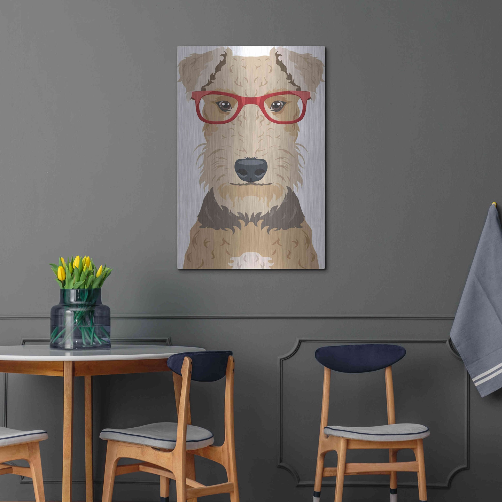 Luxe Metal Art 'Airedale Terrier Wearing Hipster Glasses' by Olga and Alexey Drozdov, Metal Wall Art,24x36