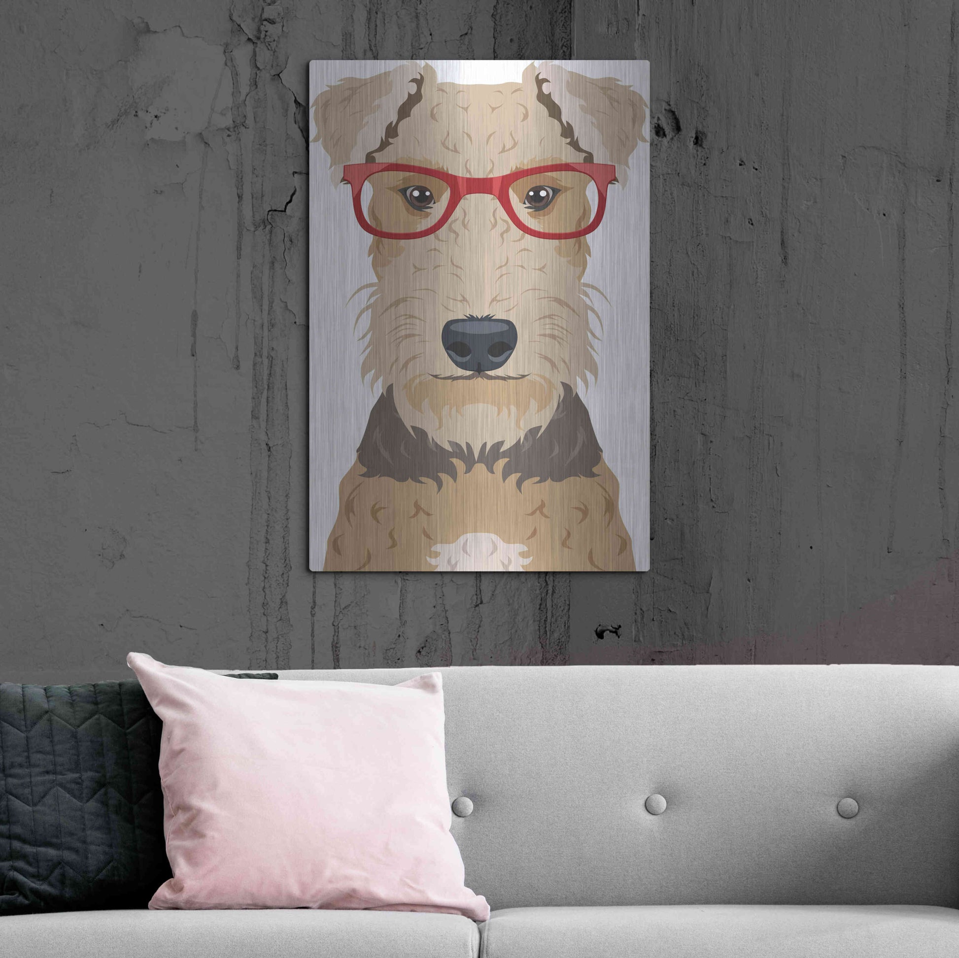 Luxe Metal Art 'Airedale Terrier Wearing Hipster Glasses' by Olga and Alexey Drozdov, Metal Wall Art,24x36