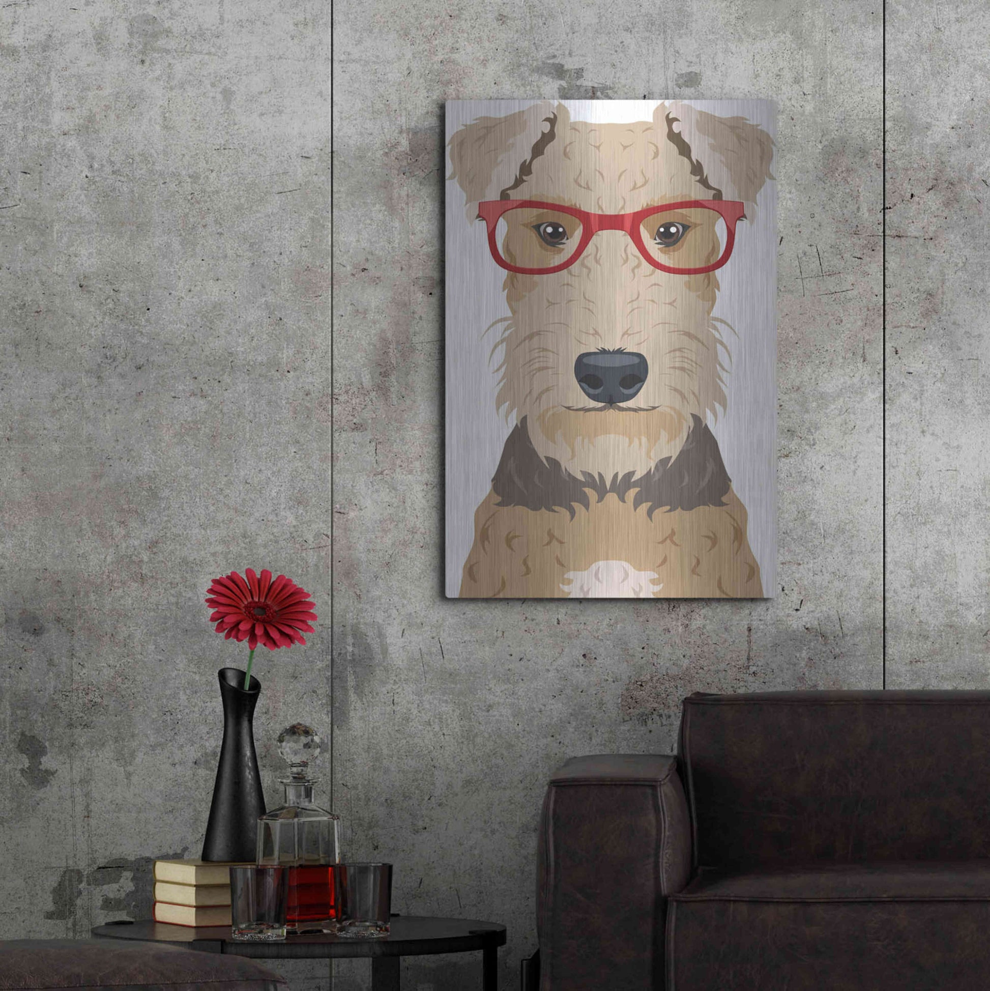 Luxe Metal Art 'Airedale Terrier Wearing Hipster Glasses' by Olga and Alexey Drozdov, Metal Wall Art,24x36