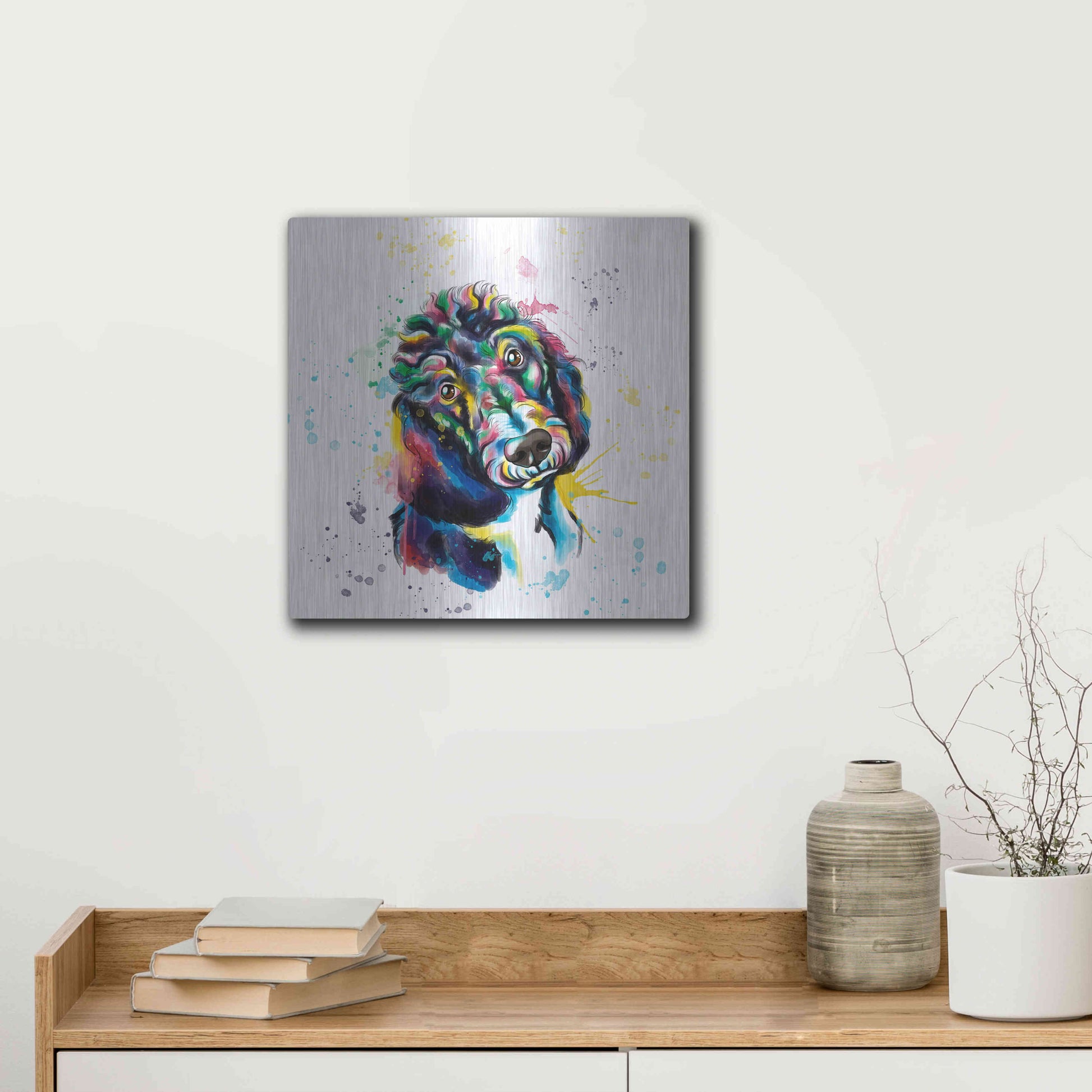 Luxe Metal Art 'Colorful Watercolor Poodle 2' by Olga and Alexey Drozdov, Metal Wall Art,12x12