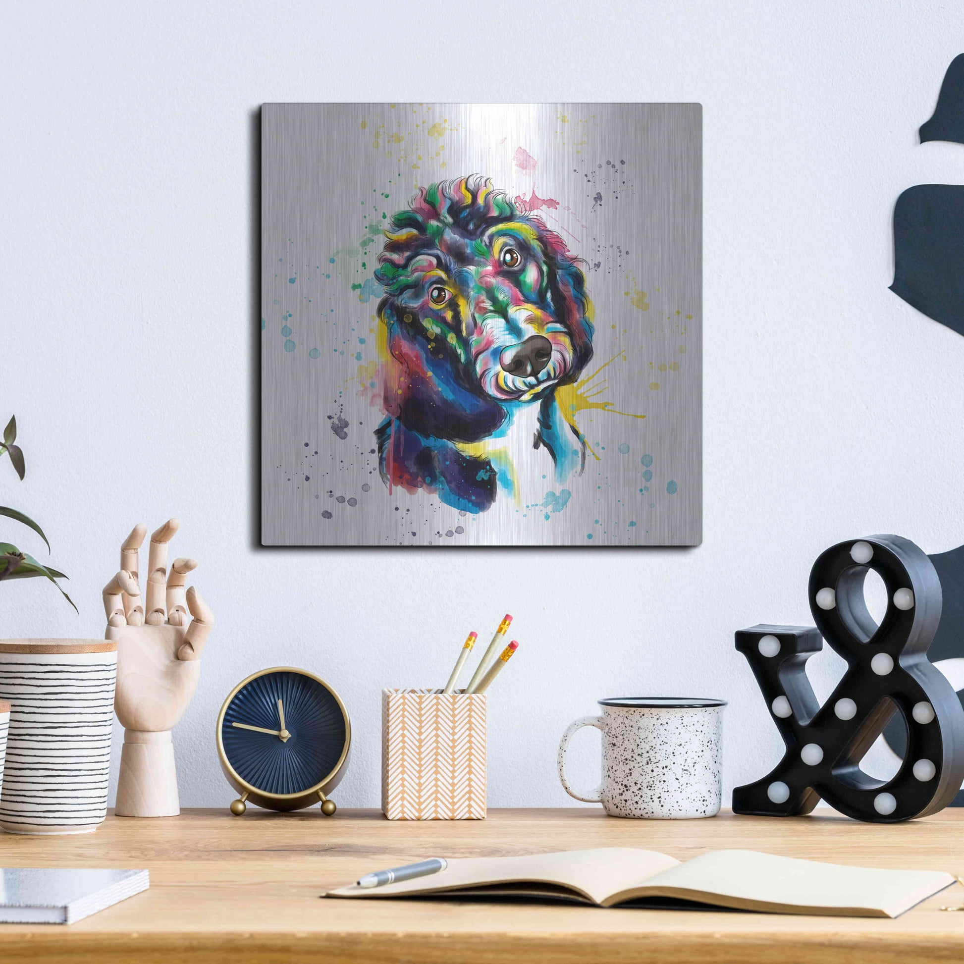 Luxe Metal Art 'Colorful Watercolor Poodle 2' by Olga and Alexey Drozdov, Metal Wall Art,12x12