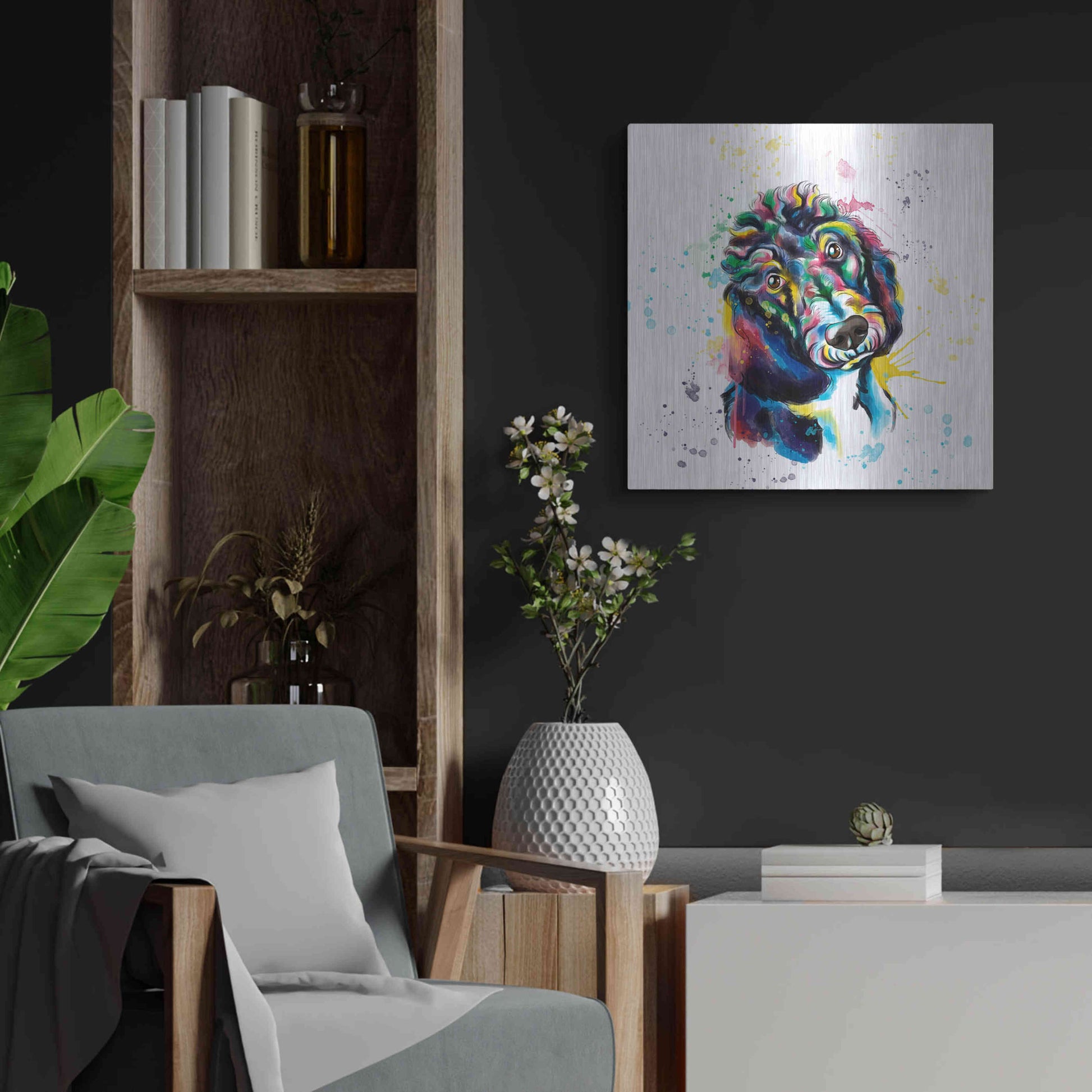 Luxe Metal Art 'Colorful Watercolor Poodle 2' by Olga and Alexey Drozdov, Metal Wall Art,24x24