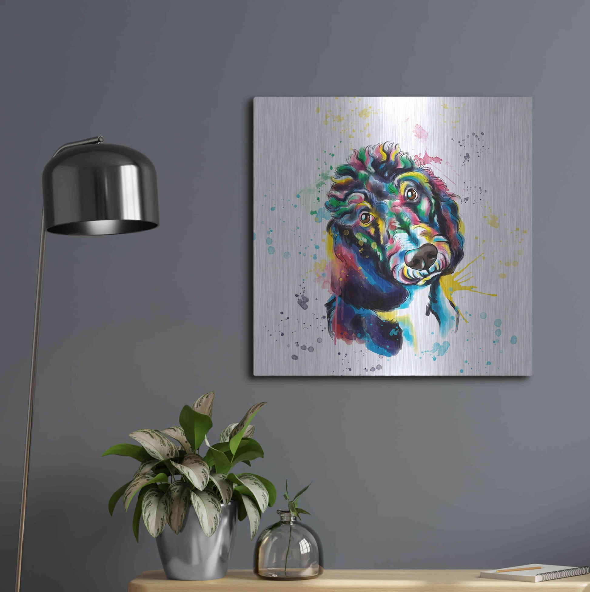 Luxe Metal Art 'Colorful Watercolor Poodle 2' by Olga and Alexey Drozdov, Metal Wall Art,24x24