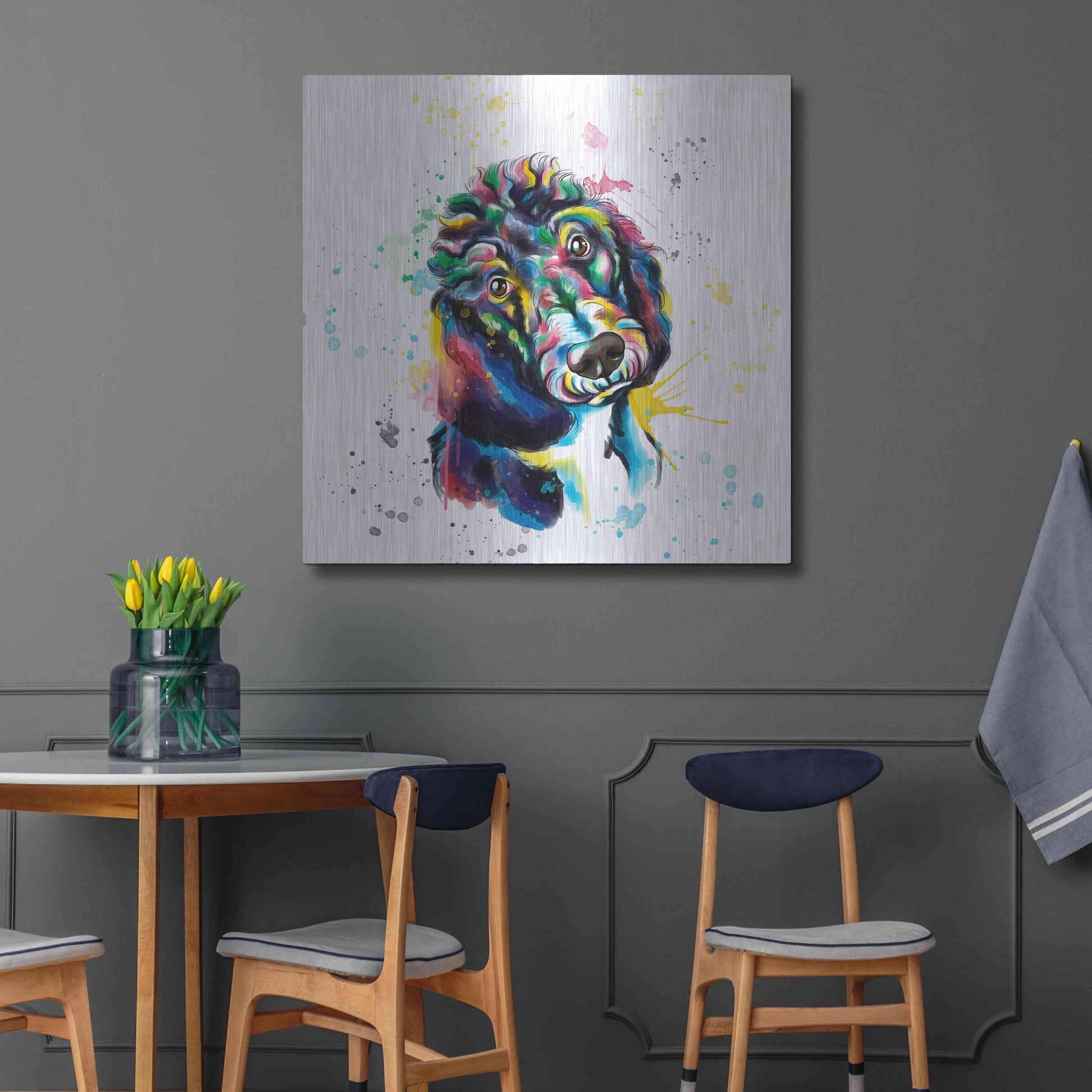 Luxe Metal Art 'Colorful Watercolor Poodle 2' by Olga and Alexey Drozdov, Metal Wall Art,36x36