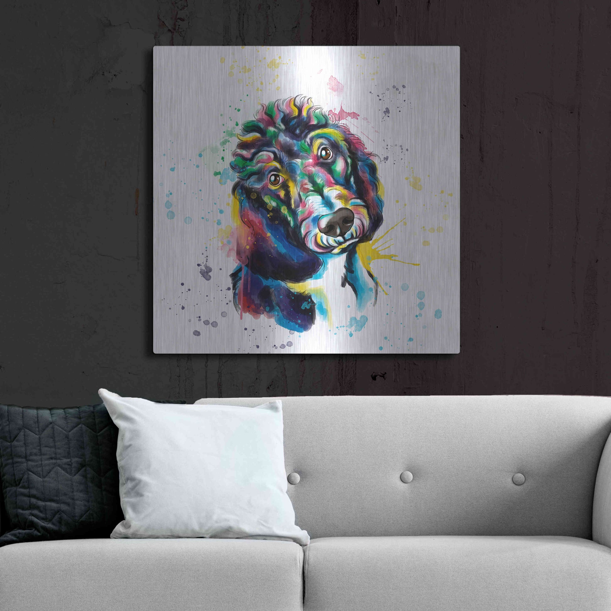 Luxe Metal Art 'Colorful Watercolor Poodle 2' by Olga and Alexey Drozdov, Metal Wall Art,36x36