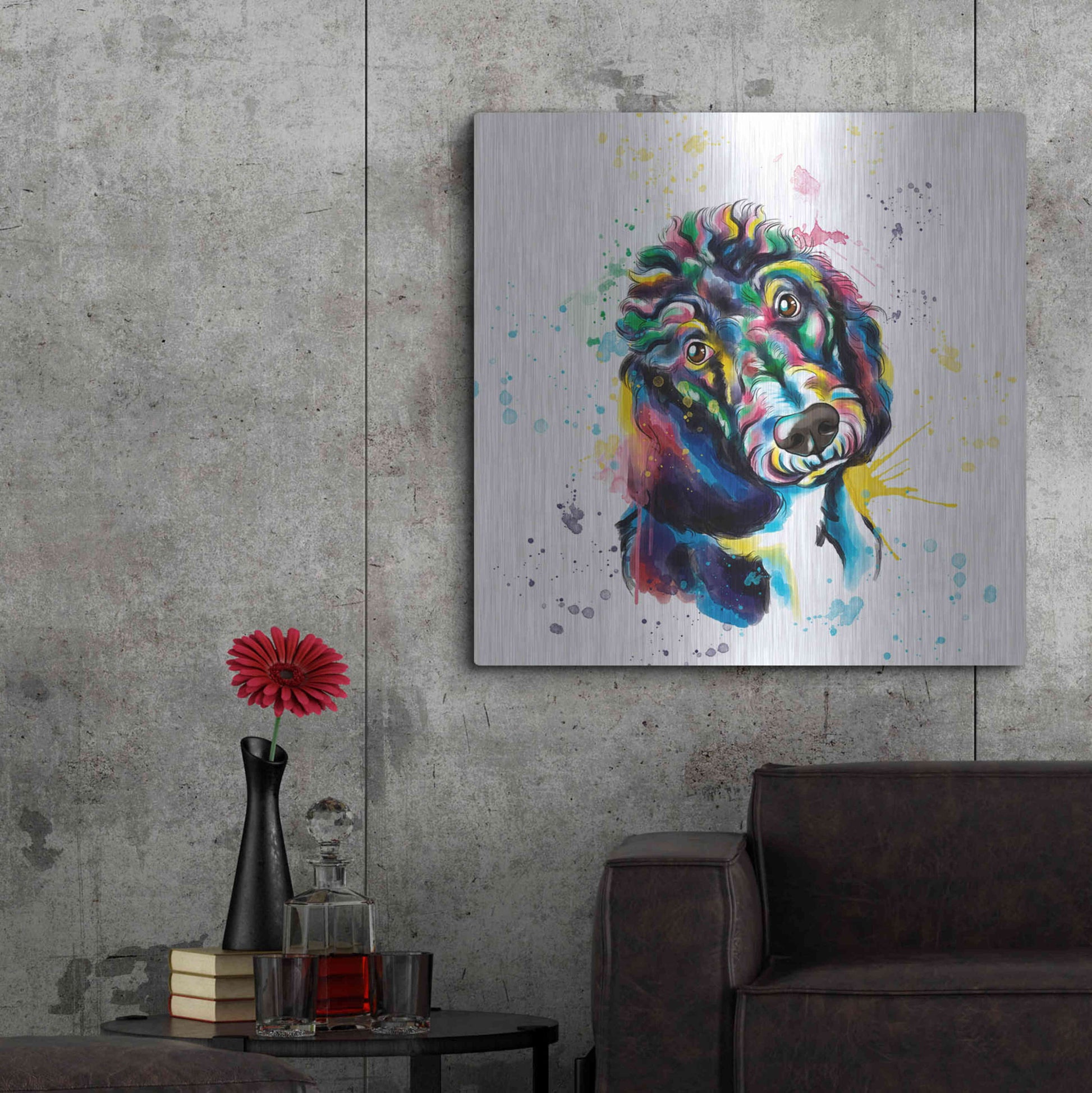 Luxe Metal Art 'Colorful Watercolor Poodle 2' by Olga and Alexey Drozdov, Metal Wall Art,36x36