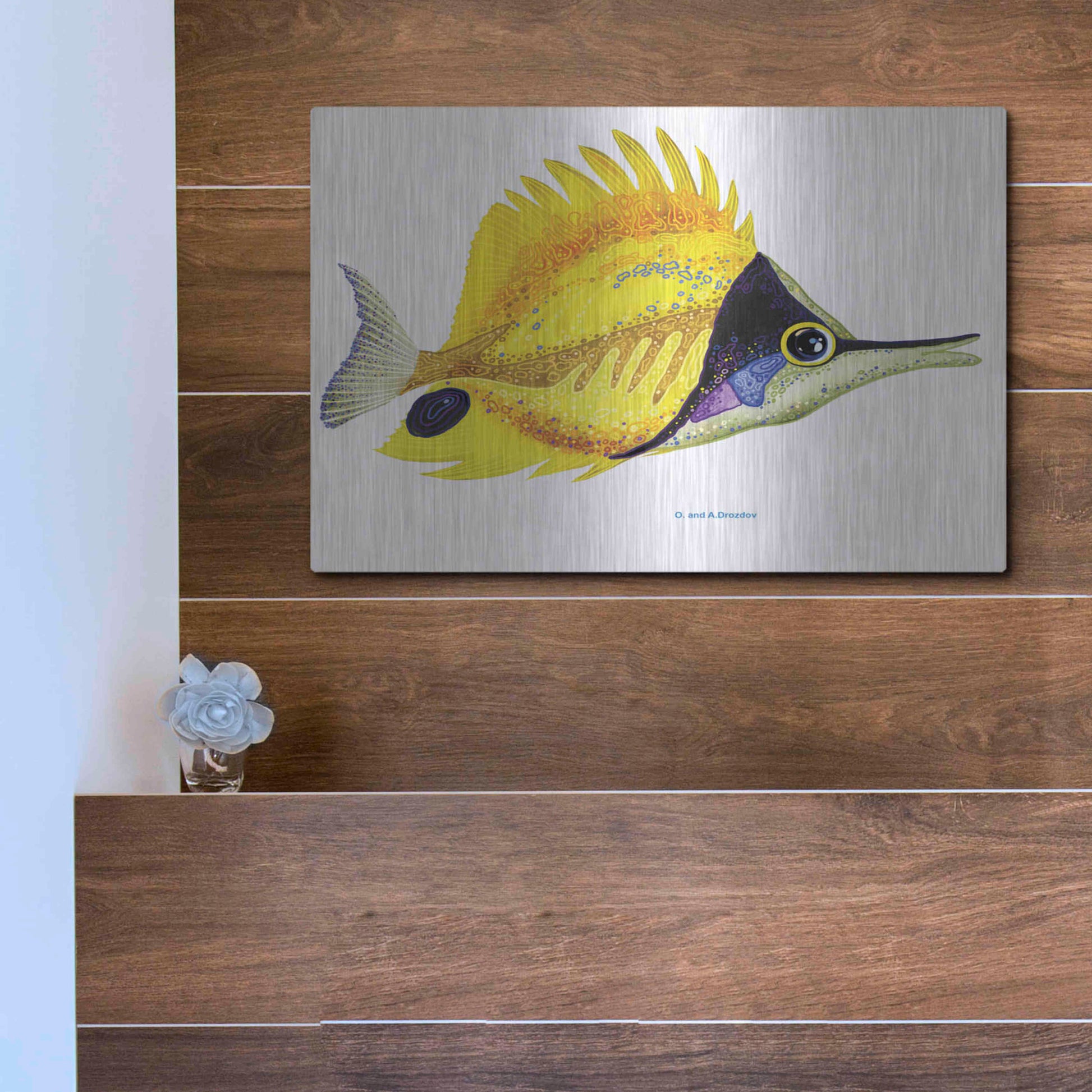 Luxe Metal Art 'Fish 5 Red Yellow' by Olga and Alexey Drozdov, Metal Wall Art,16x12