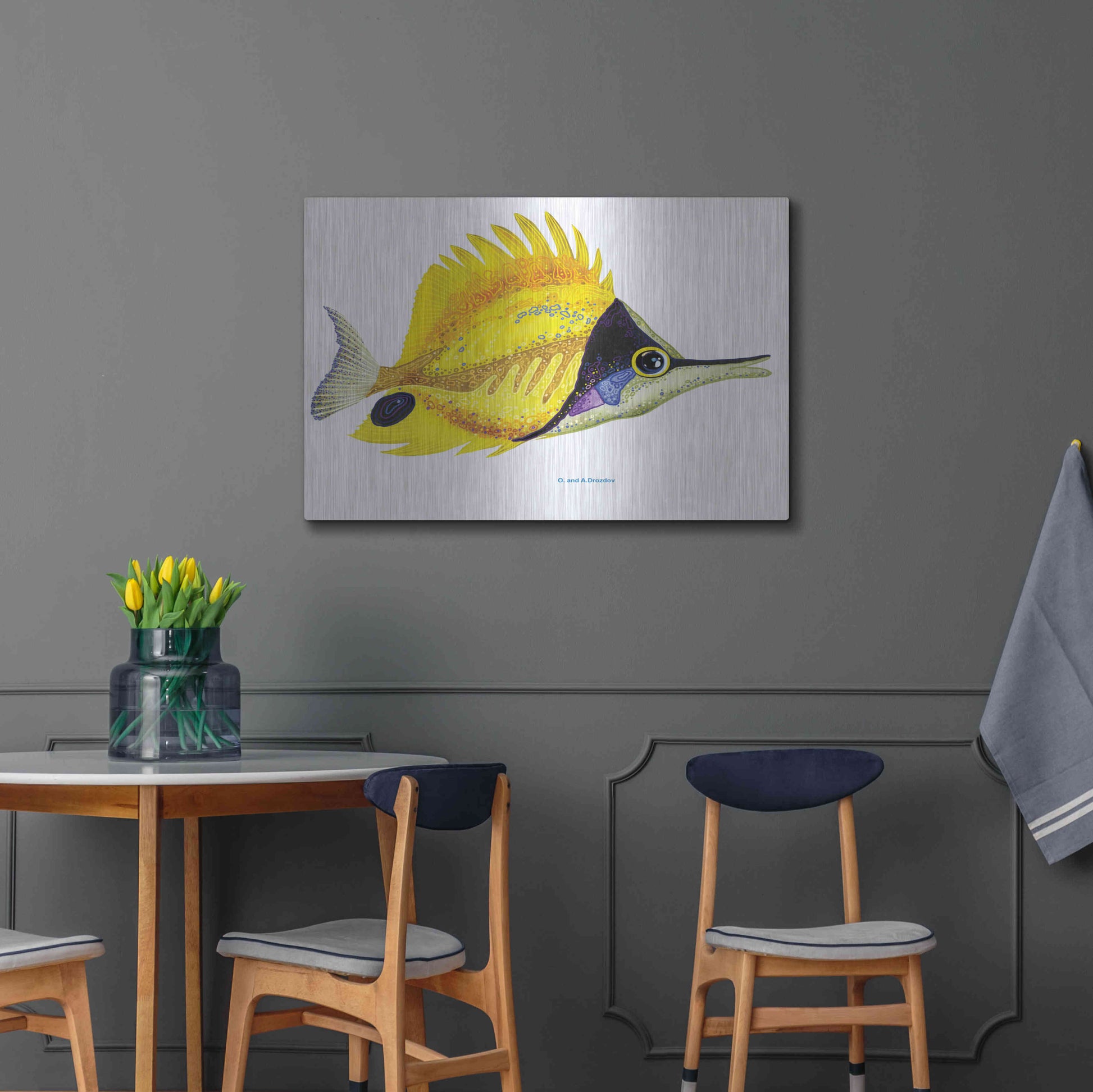 Luxe Metal Art 'Fish 5 Red Yellow' by Olga and Alexey Drozdov, Metal Wall Art,36x24