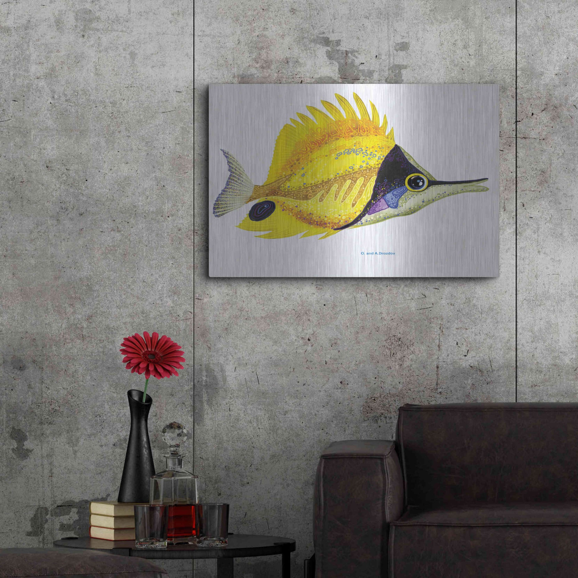 Luxe Metal Art 'Fish 5 Red Yellow' by Olga and Alexey Drozdov, Metal Wall Art,36x24