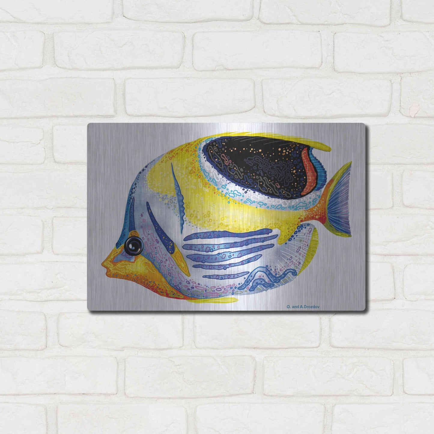 Luxe Metal Art 'Fish 5 Blue Yellow' by Olga and Alexey Drozdov, Metal Wall Art,16x12