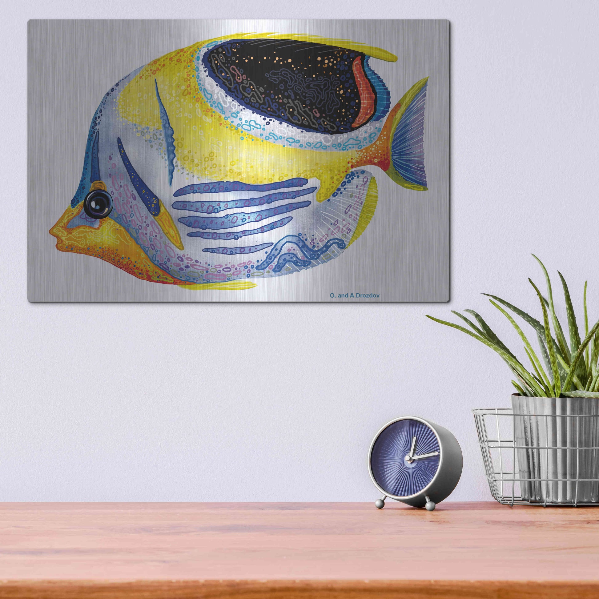 Luxe Metal Art 'Fish 5 Blue Yellow' by Olga and Alexey Drozdov, Metal Wall Art,16x12