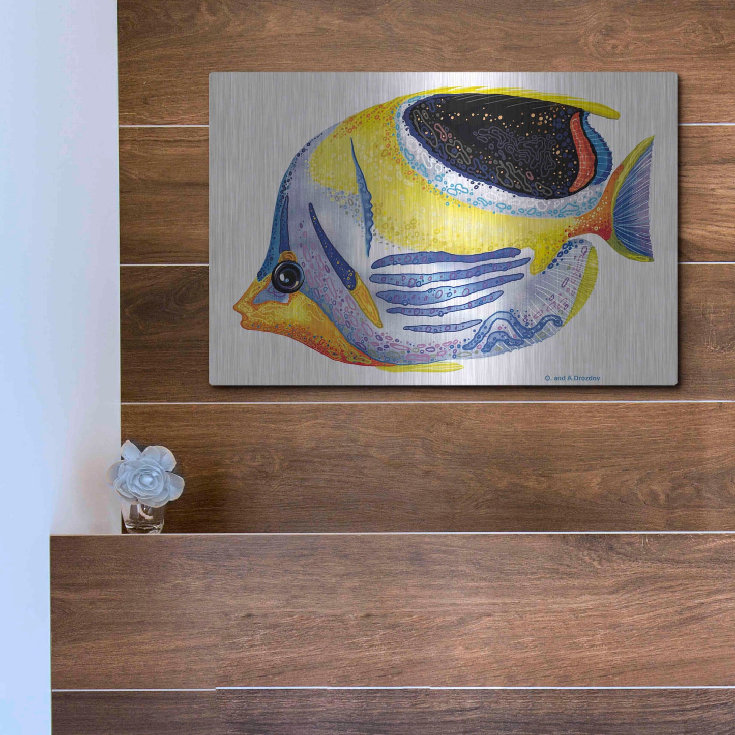 Luxe Metal Art 'Fish 5 Blue Yellow' by Olga and Alexey Drozdov, Metal Wall Art,16x12