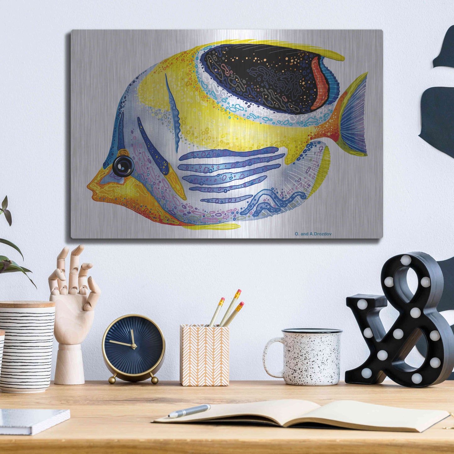 Luxe Metal Art 'Fish 5 Blue Yellow' by Olga and Alexey Drozdov, Metal Wall Art,16x12