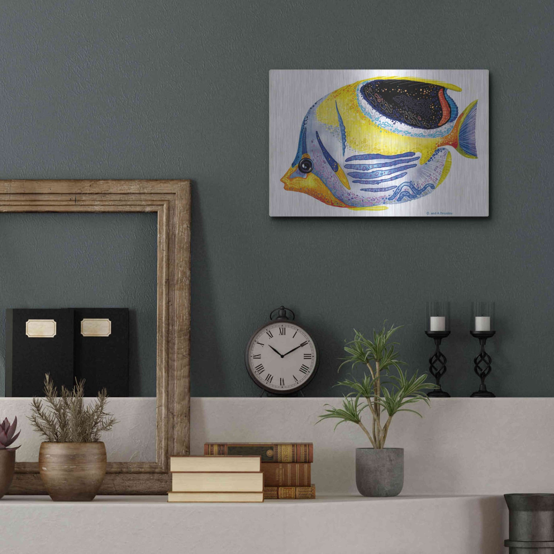 Luxe Metal Art 'Fish 5 Blue Yellow' by Olga and Alexey Drozdov, Metal Wall Art,16x12