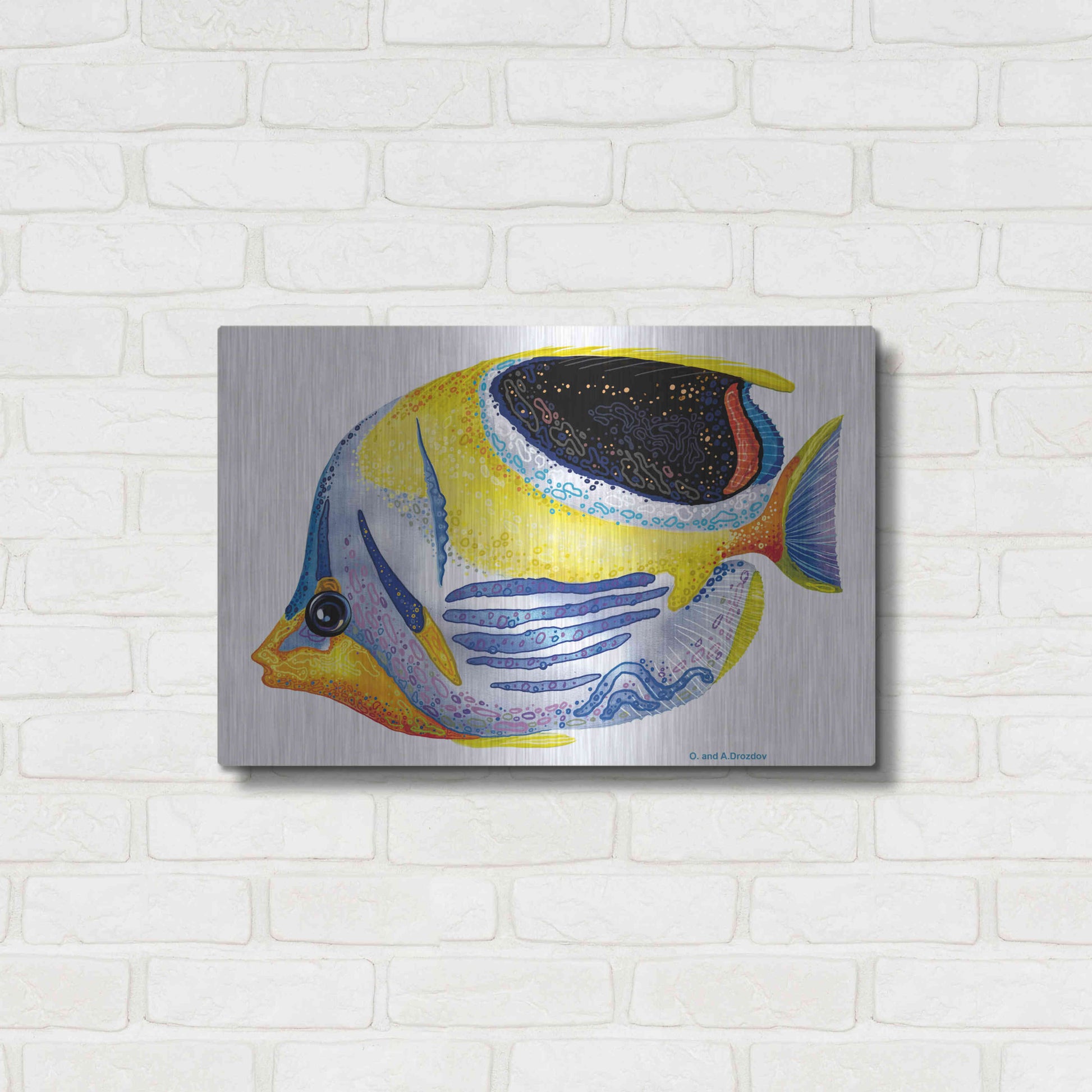 Luxe Metal Art 'Fish 5 Blue Yellow' by Olga and Alexey Drozdov, Metal Wall Art,24x16