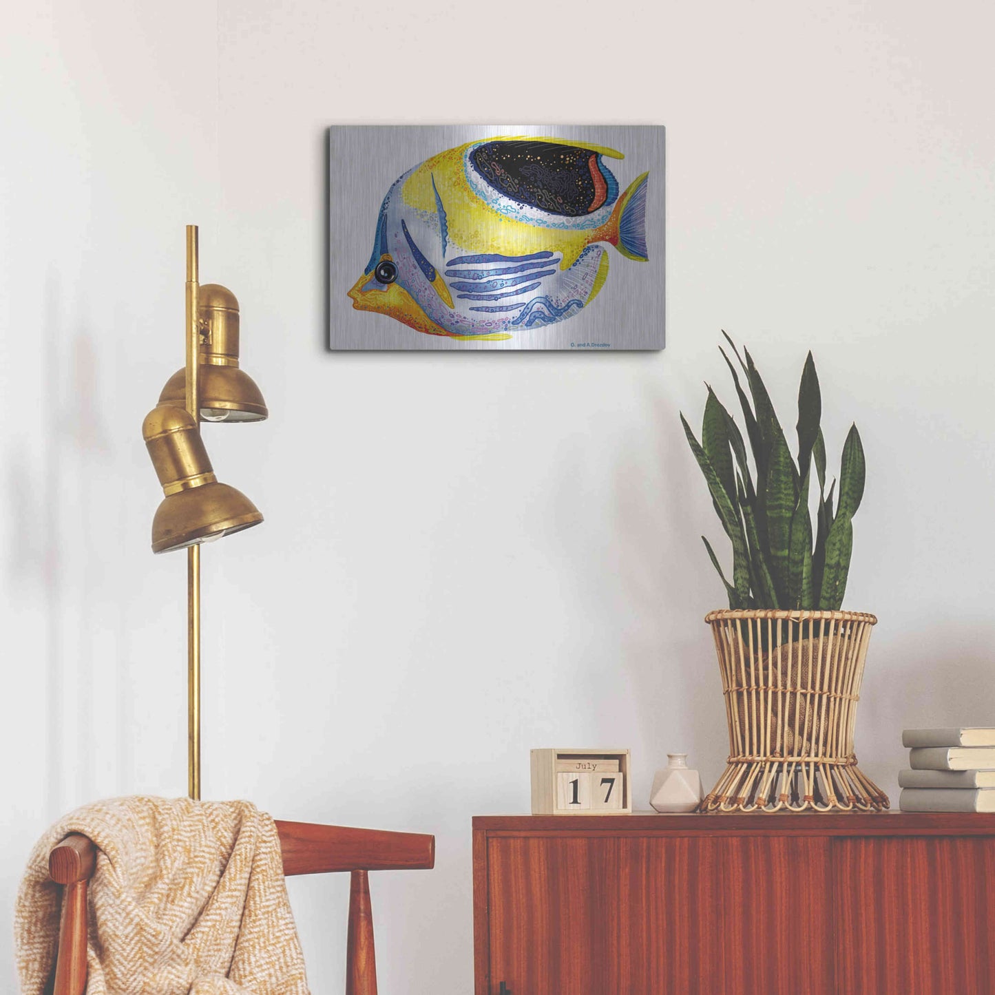 Luxe Metal Art 'Fish 5 Blue Yellow' by Olga and Alexey Drozdov, Metal Wall Art,24x16